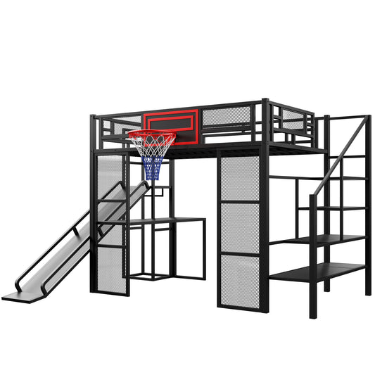Loft Bed With Built In Desk, Open Wardrobe, Basketball Hoop, Slide And Staircase - The Sleep Loft - Online Mattress Showroom NYC