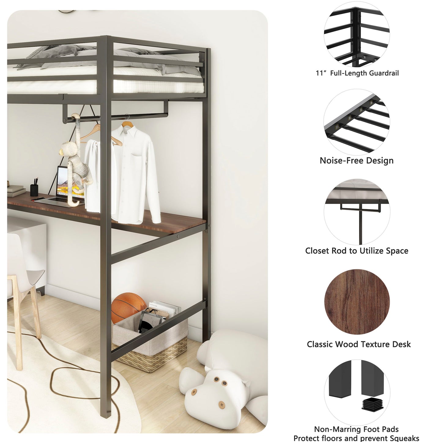 Adam - Twin Loft Bunk Bed With Cinnamon Wood Desk And Closet Rod - Black - The Sleep Loft - Online Mattress Showroom NYC