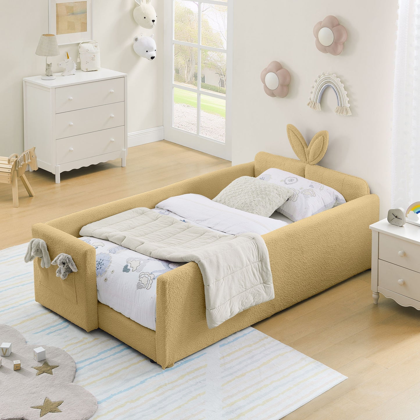 Cute Rabbit Ear Upholstered Platform Bed Frame With Safety Rail - The Sleep Loft - Online Mattress Showroom NYC