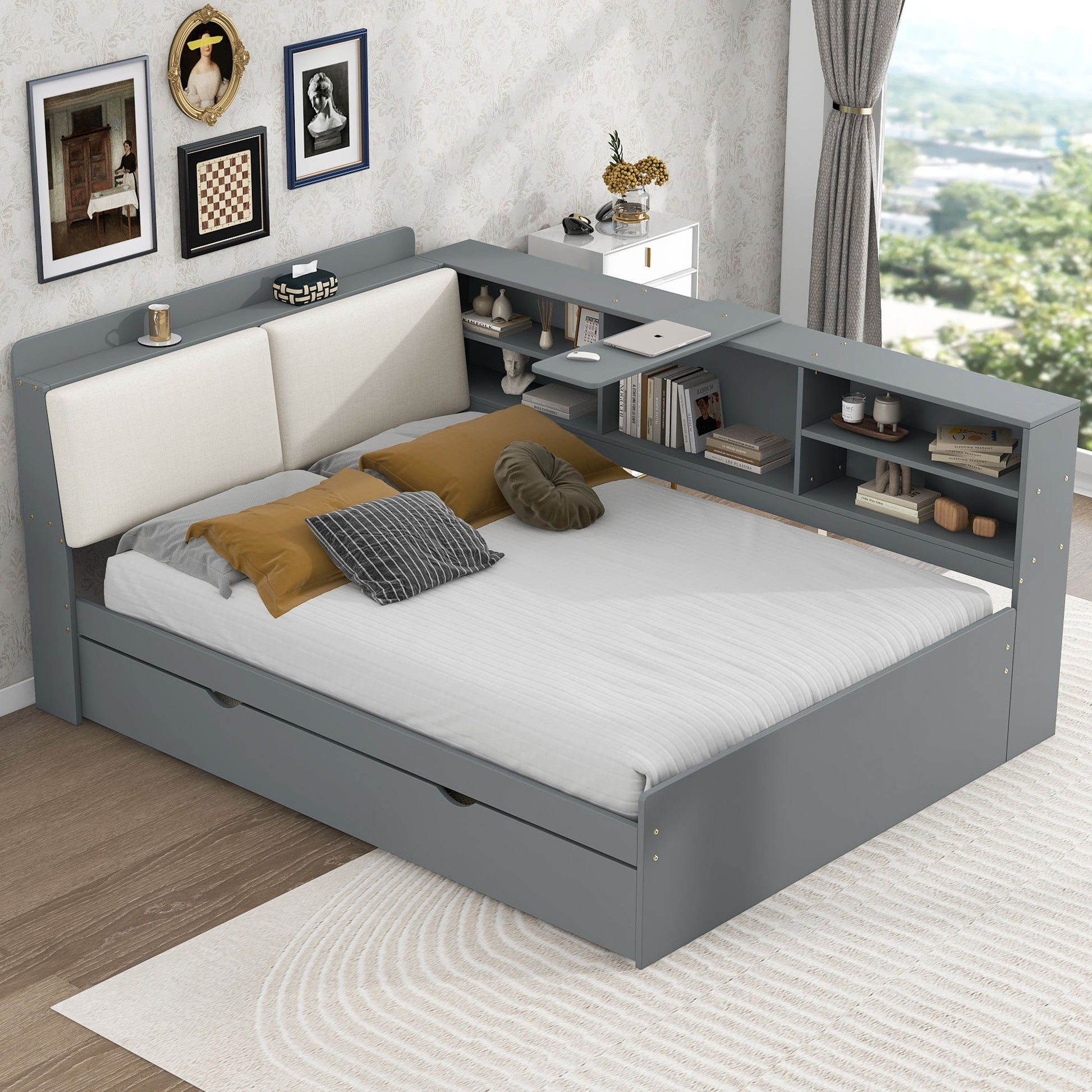 Platform Bed With Trundle, Shelves, And Storage Headboard - The Sleep Loft - Online Mattress Showroom NYC
