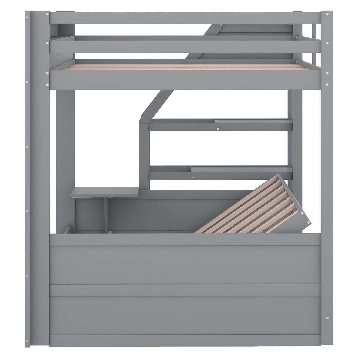 Wood Full Size Convertible Bunk Bed With Storage Staircase, Bedside Table, And 3 Drawers - Gray - The Sleep Loft - Online Mattress Showroom NYC