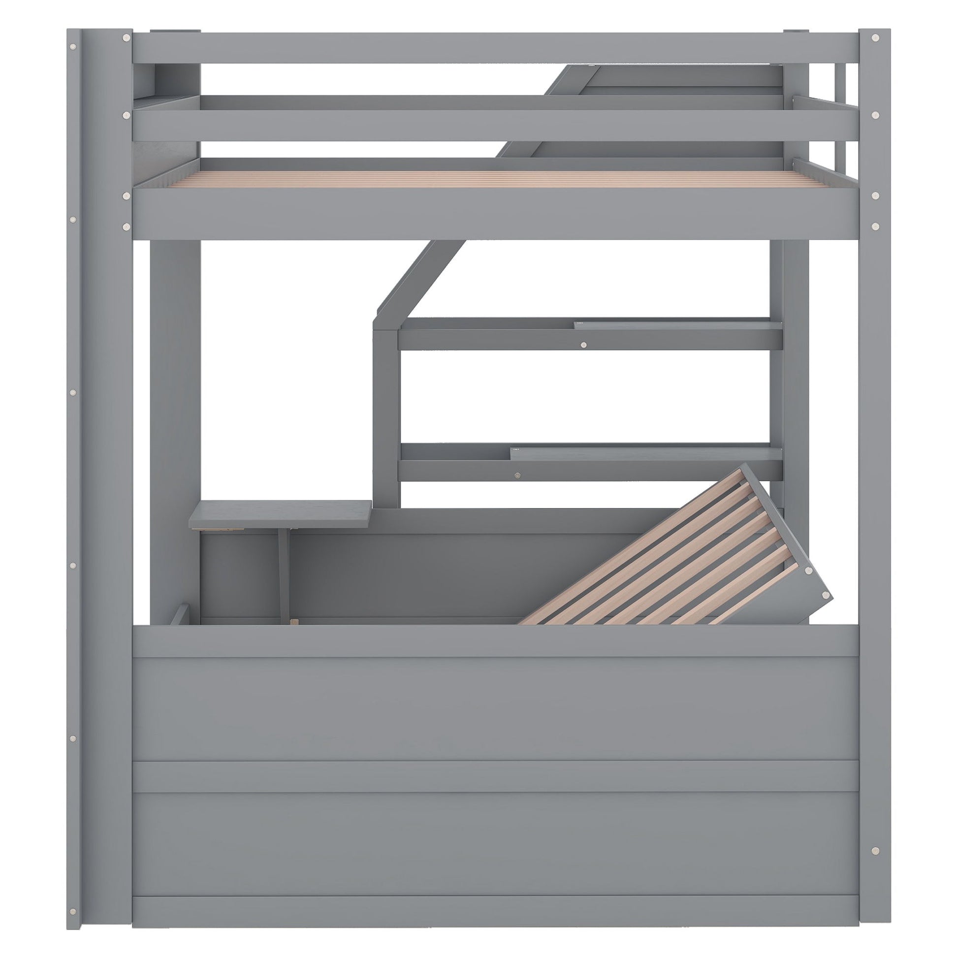 Wood Full Size Convertible Bunk Bed With Storage Staircase, Bedside Table, And 3 Drawers - Gray - The Sleep Loft - Online Mattress Showroom NYC