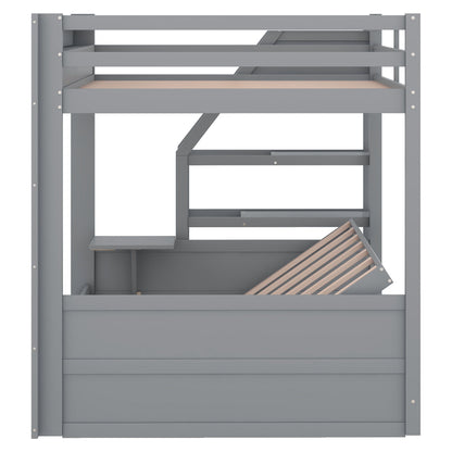 Wood Full Size Convertible Bunk Bed With Storage Staircase, Bedside Table, And 3 Drawers - Gray - The Sleep Loft - Online Mattress Showroom NYC