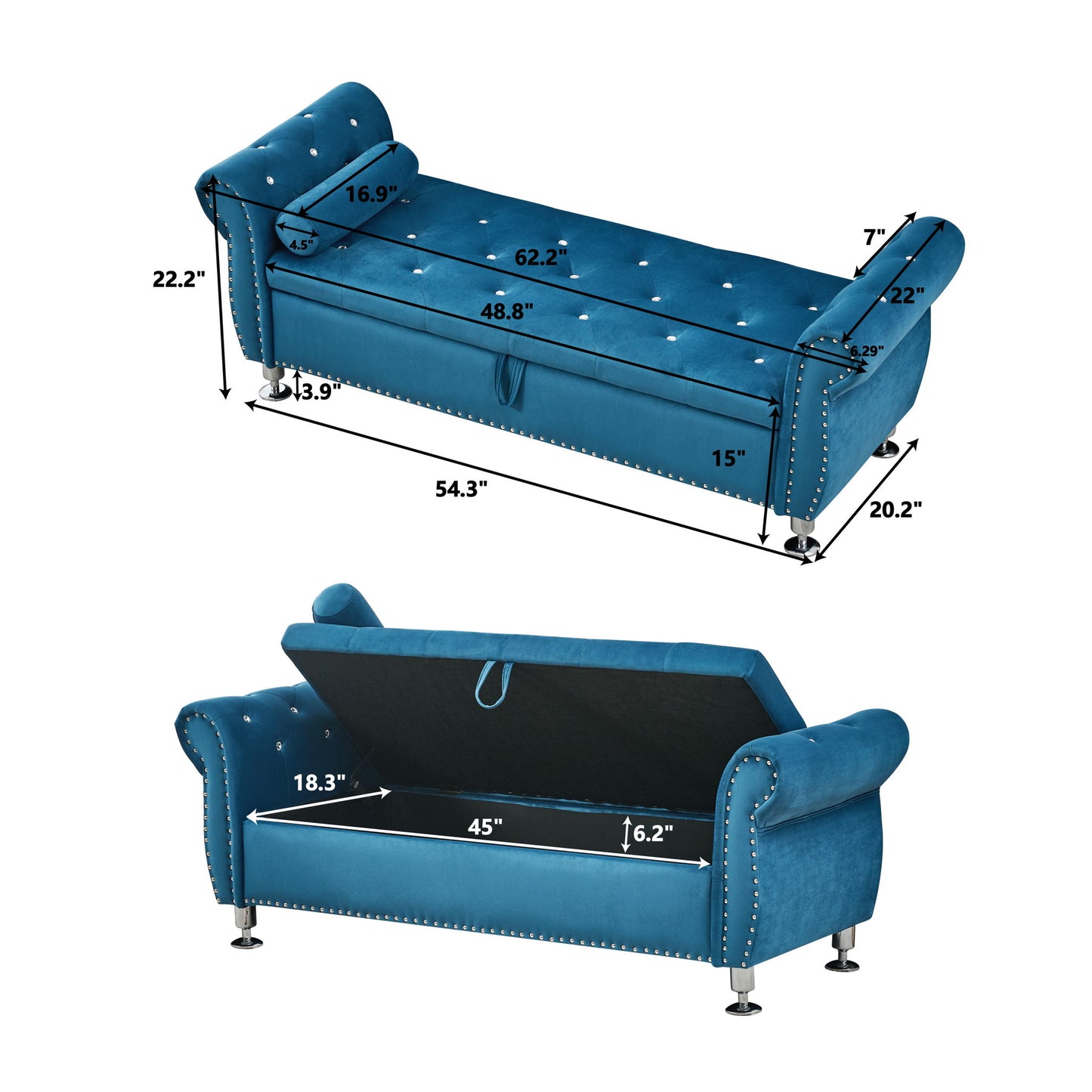 Storage Bench With Crystal Buttons And 1 Pillow For Bedroom - The Sleep Loft - Online Mattress Showroom NYC