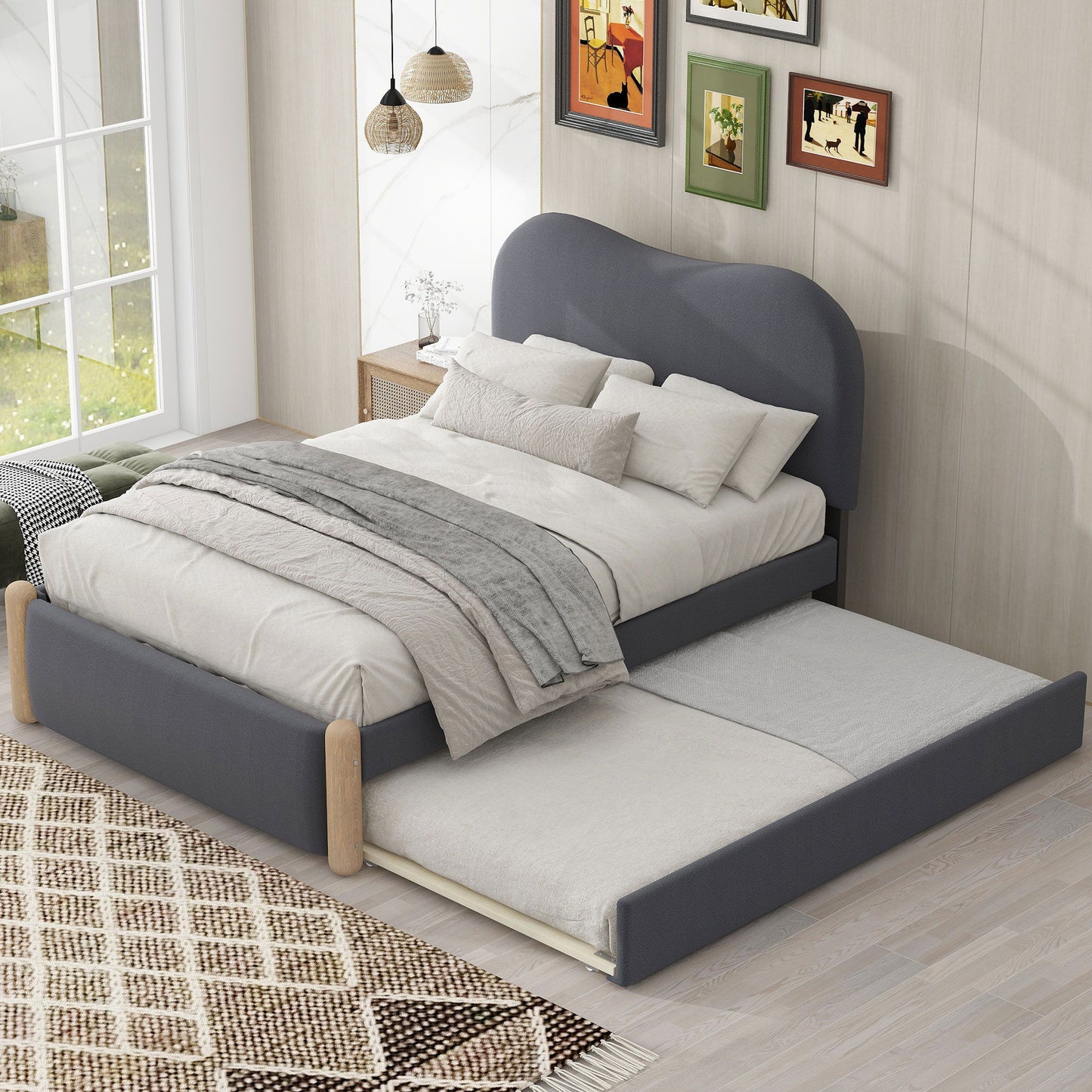 Upholstered Platform Bed With Wood Supporting Feet And Trundle - The Sleep Loft - Online Mattress Showroom NYC