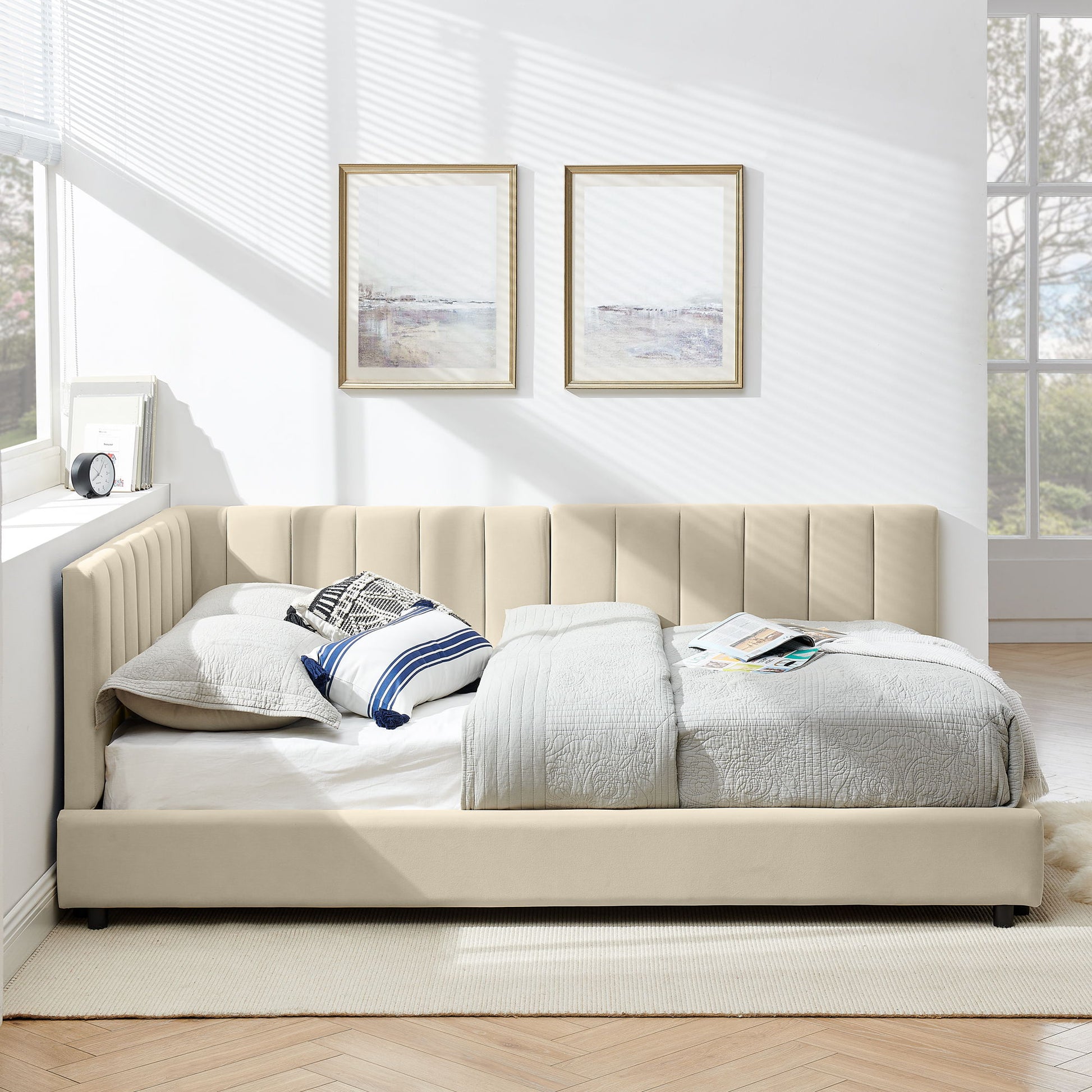 Mid-Century Upholstered Tufted Bed Frame With Backrest And Armrests - The Sleep Loft - Online Mattress Showroom NYC