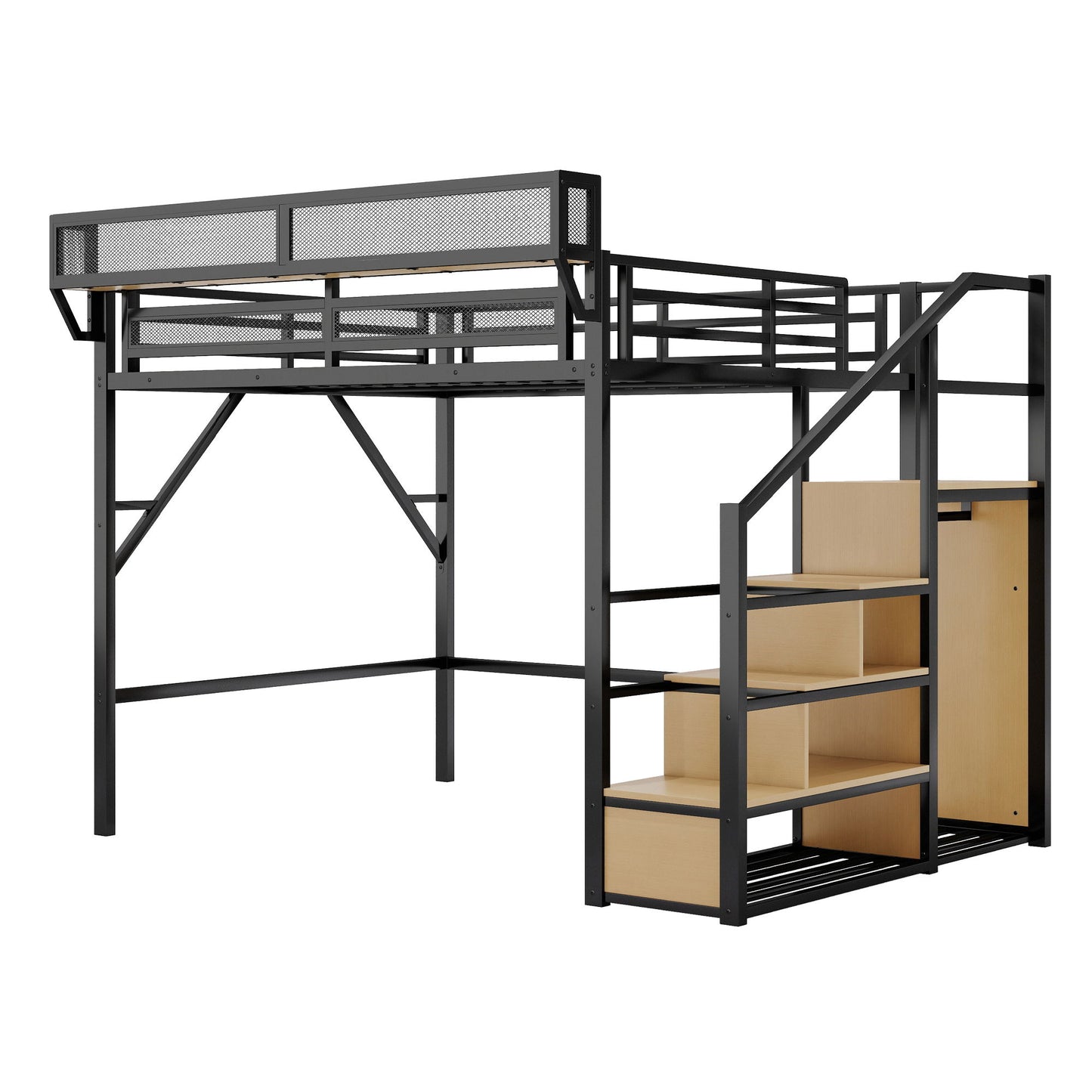 Queen Size Loft Bed & Stairs, Storage Shelves, Wardrobe - Black / Wood - The Sleep Loft - Online Mattress Showroom NYC
