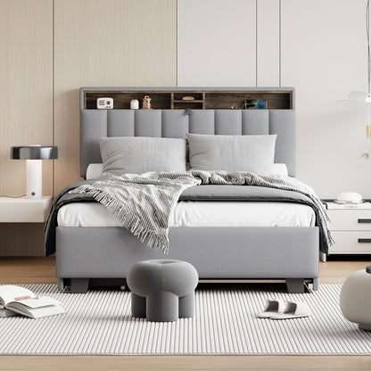 Upholstered Platform Bed With Storage Headboard, Trundle & 2 Drawers And A Set Of Sockets & USB Ports - The Sleep Loft - Online Mattress Showroom NYC