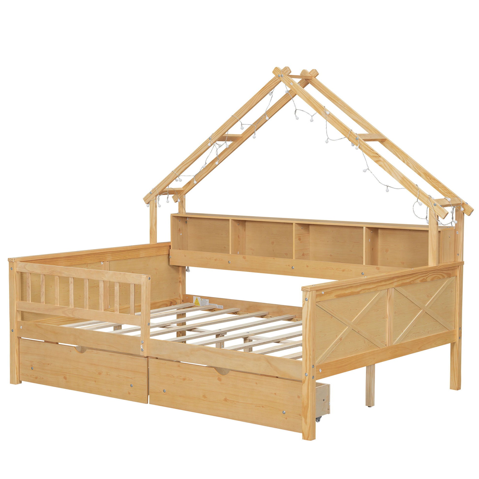 House Style Platform Bed With LED Lights, Storage Shelves, Drawers, And Guardrail - The Sleep Loft - Online Mattress Showroom NYC
