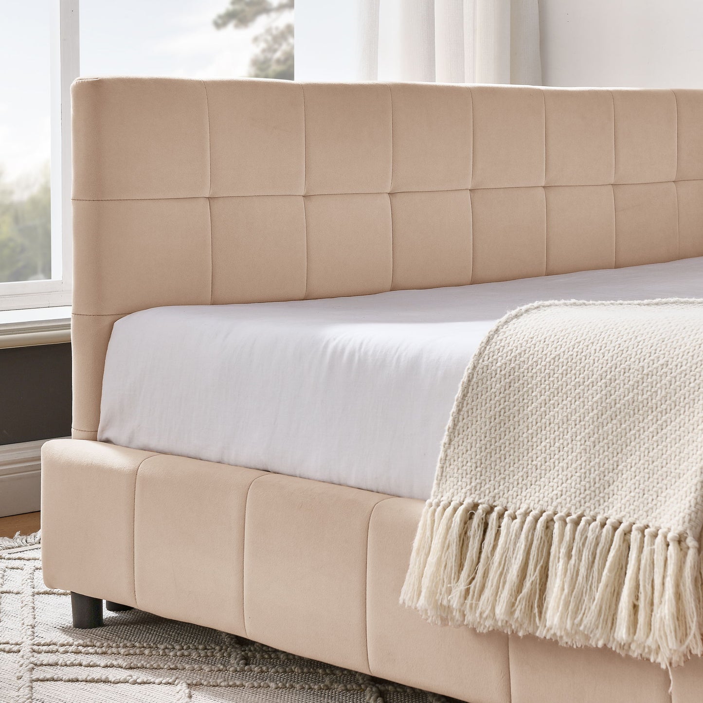 Mid-Century Storage Upholstered Tufted Bed Frame With Backrest And Armrests - The Sleep Loft - Online Mattress Showroom NYC