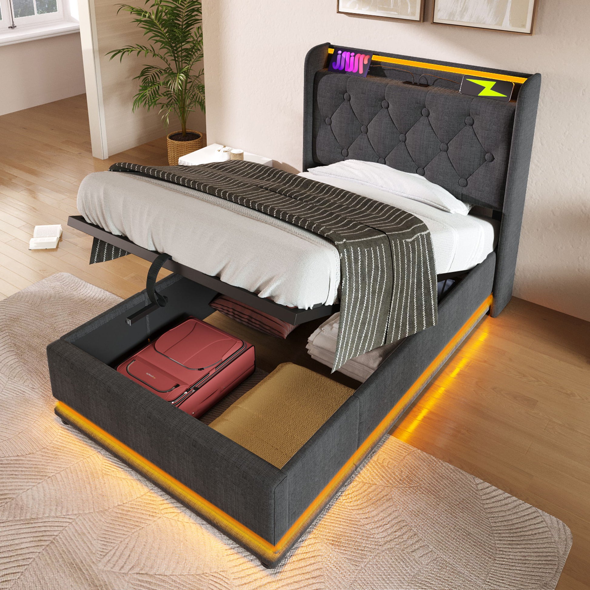 Upholstered Bed, 360 Surround LED Function, Remote Control, Hydraulic Storage Bed With USB, Type-C Charging (Without Mattress) - The Sleep Loft - Online Mattress Showroom NYC