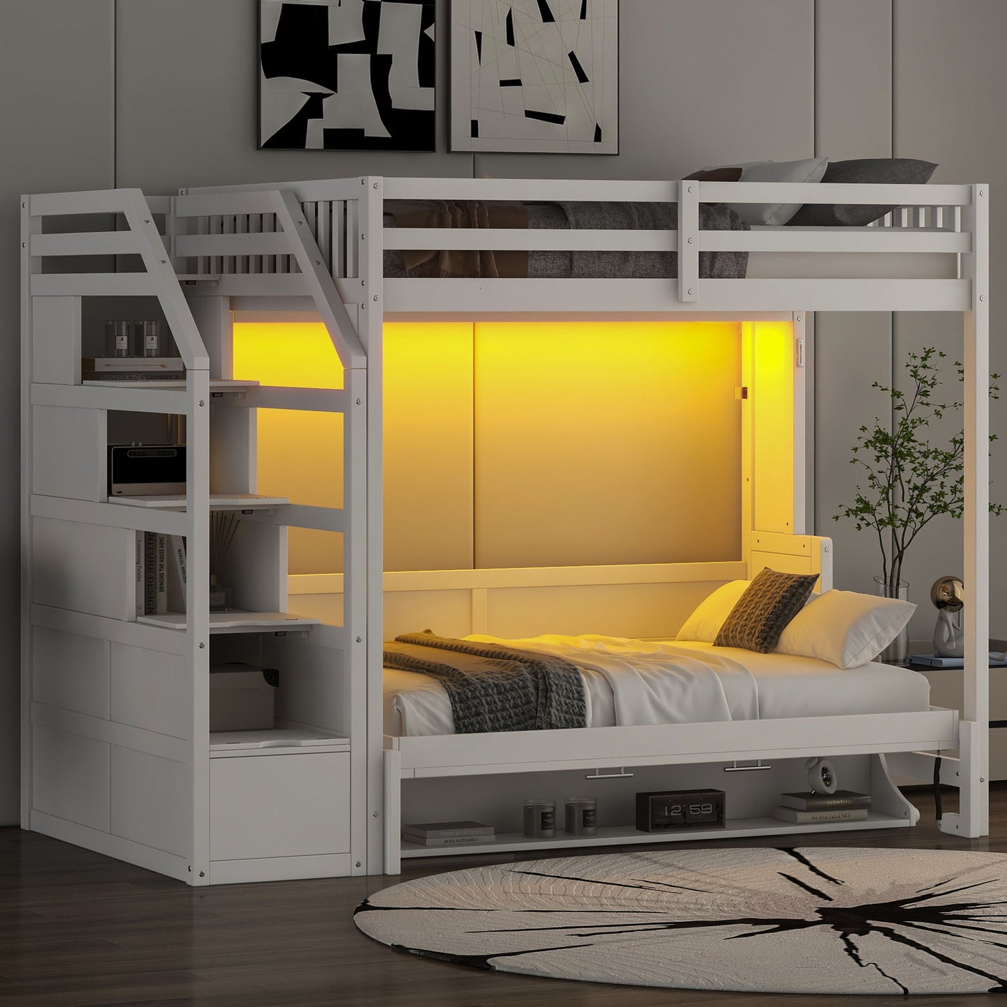 Full Long Loft Bed With Storage Staircase, Murphy Bed, LED Light - White - The Sleep Loft - Online Mattress Showroom NYC