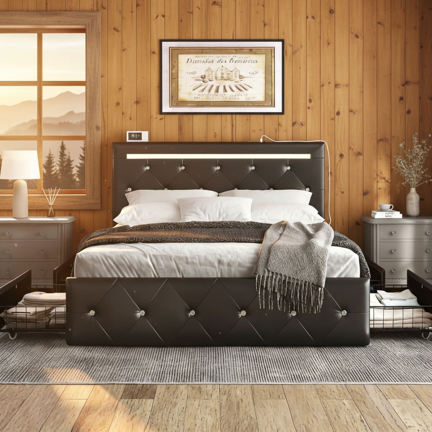 Upholstered Bed Frame With LED Lights, 4 Storage Drawers, Charging Station - The Sleep Loft - Online Mattress Showroom NYC