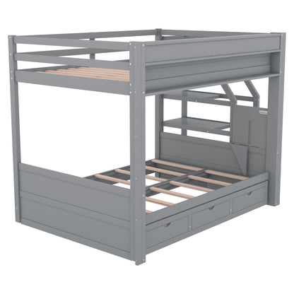 Wood Full Size Convertible Bunk Bed With Storage Staircase, Bedside Table, And 3 Drawers - Gray - The Sleep Loft - Online Mattress Showroom NYC