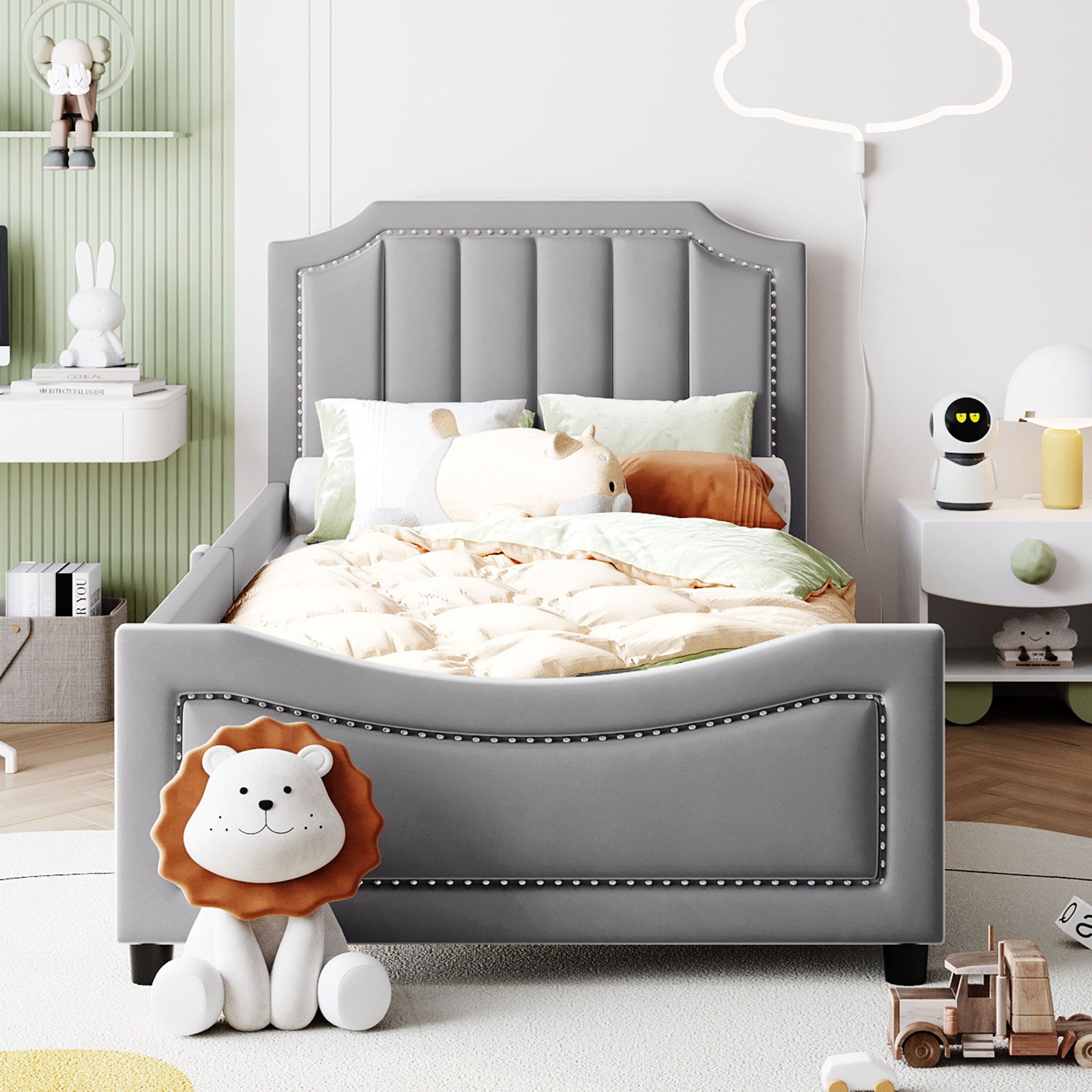 Upholstered Daybed With Classic Stripe Shaped Headboard - The Sleep Loft - Online Mattress Showroom NYC