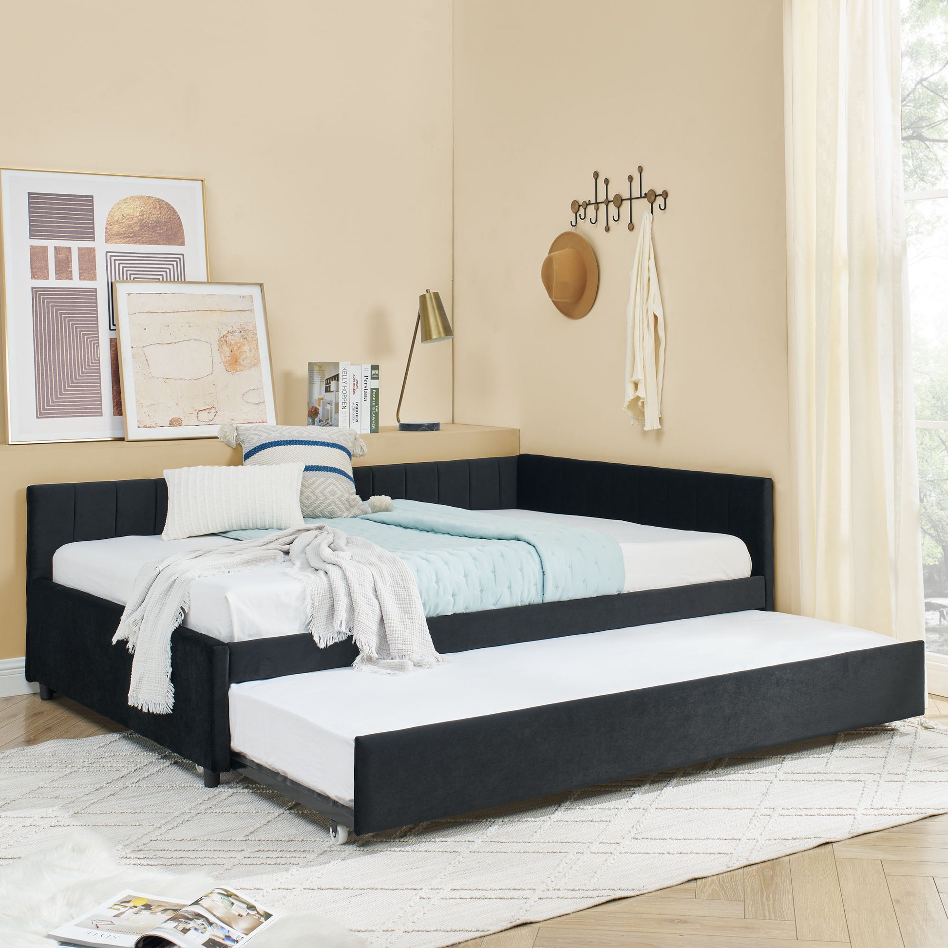 Full Size Upholstered Daybed With Trundle, Tufted Backrest And Armrests - Black - The Sleep Loft - Online Mattress Showroom NYC