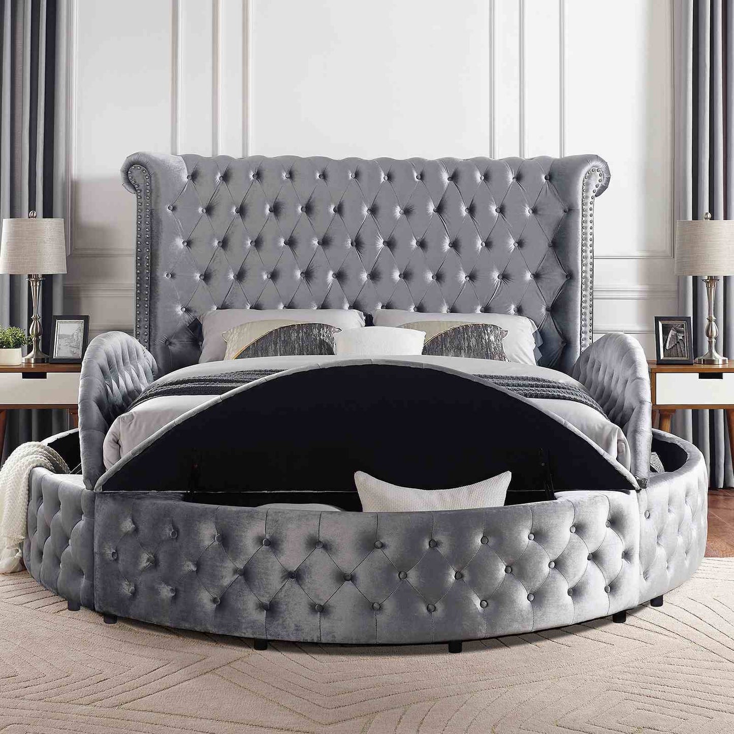 Glam Button Tufted Wingback Round Bed With Storage And USB Ports - The Sleep Loft - Online Mattress Showroom NYC