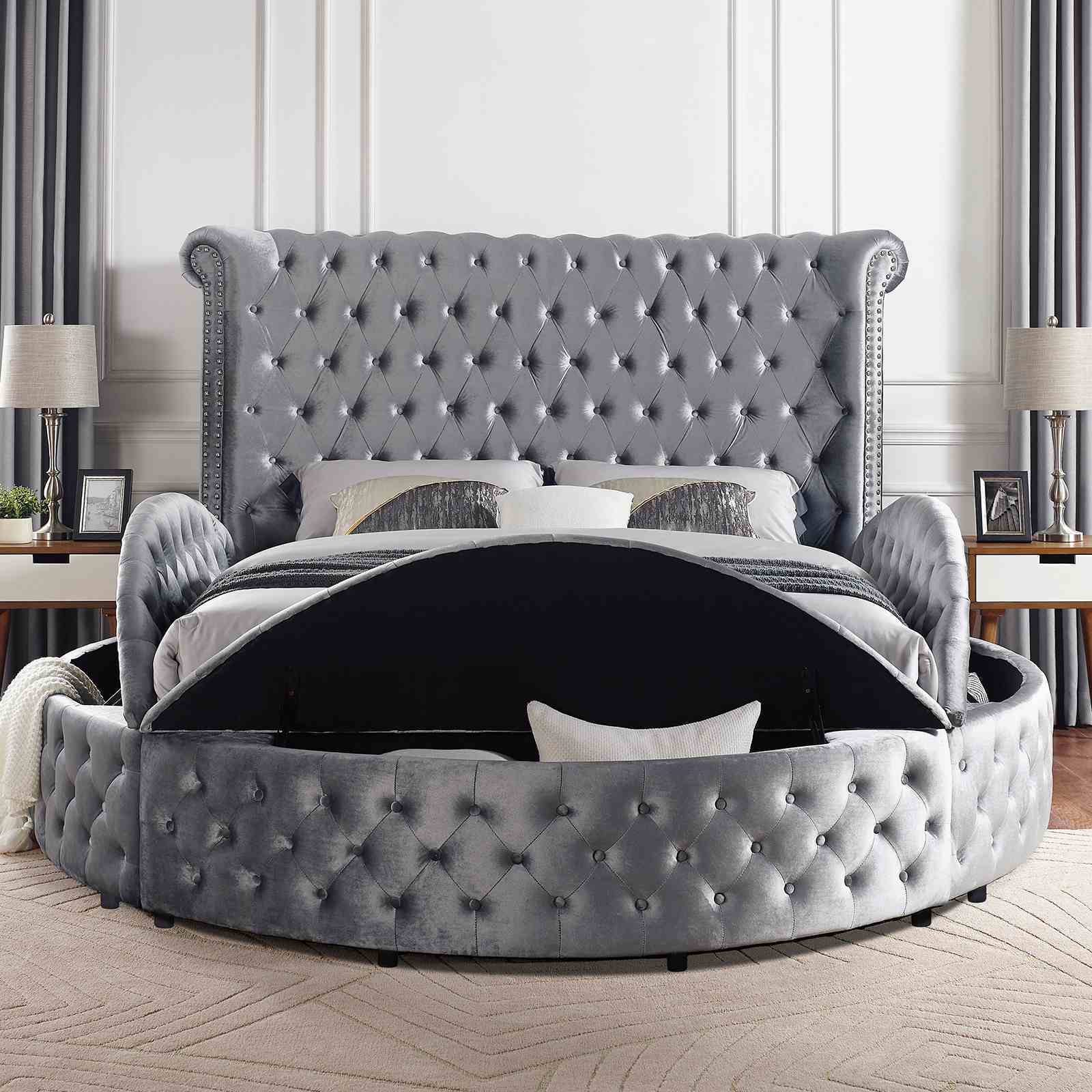 Glam Button Tufted Wingback Round Bed With Storage And USB Ports - The Sleep Loft - Online Mattress Showroom NYC