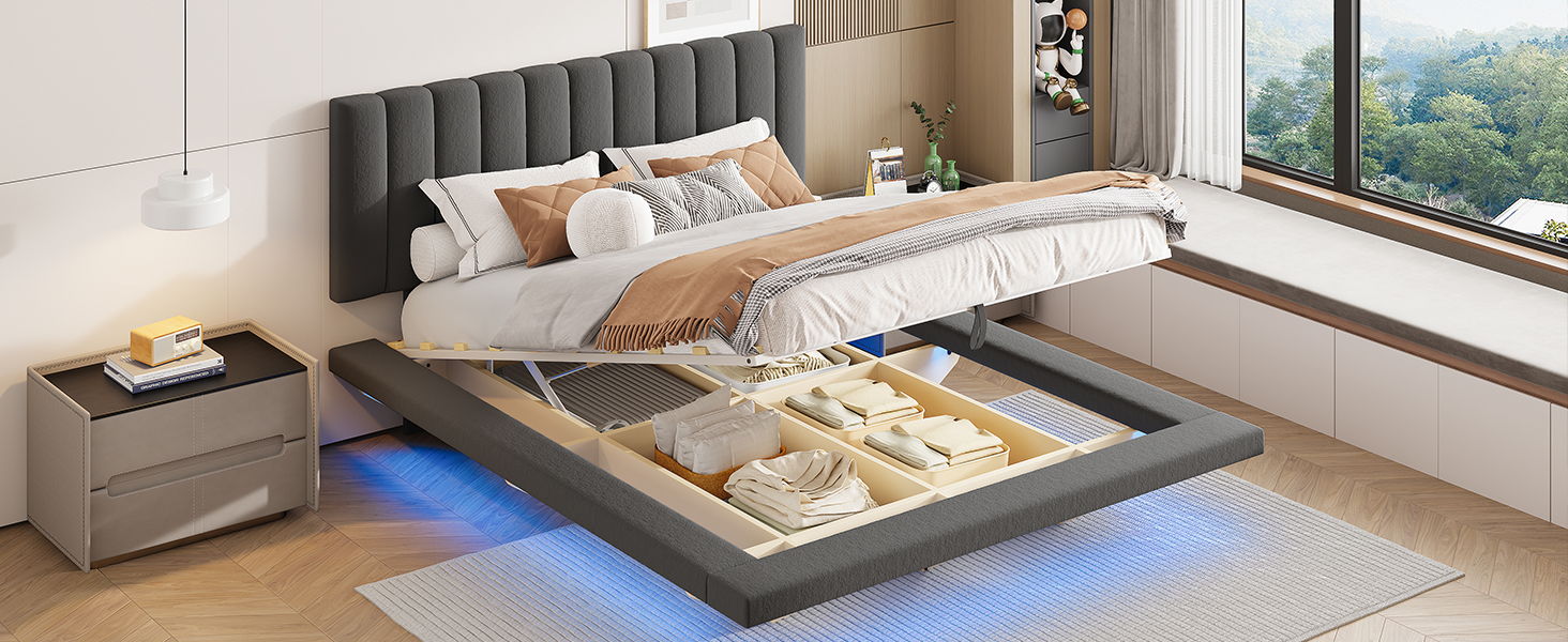 Upholstered Floating Hydrualic Platform Bed With LED Light And USB Port - The Sleep Loft - Online Mattress Showroom NYC