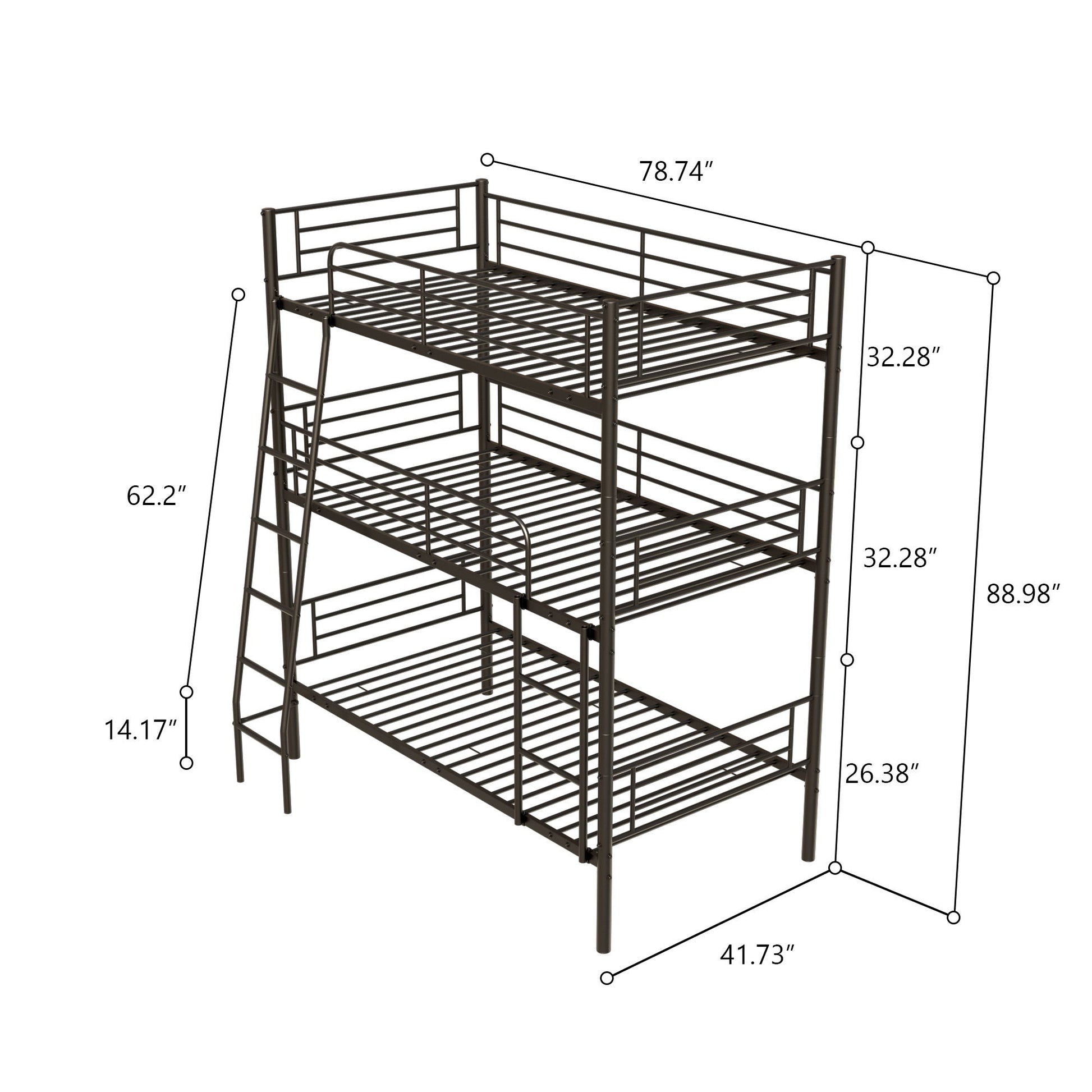 Twin Size Metal Triple Bunk Bed For Bedroom And Dormitory, Convertible Into 3 Separate Beds - Black - The Sleep Loft - Online Mattress Showroom NYC