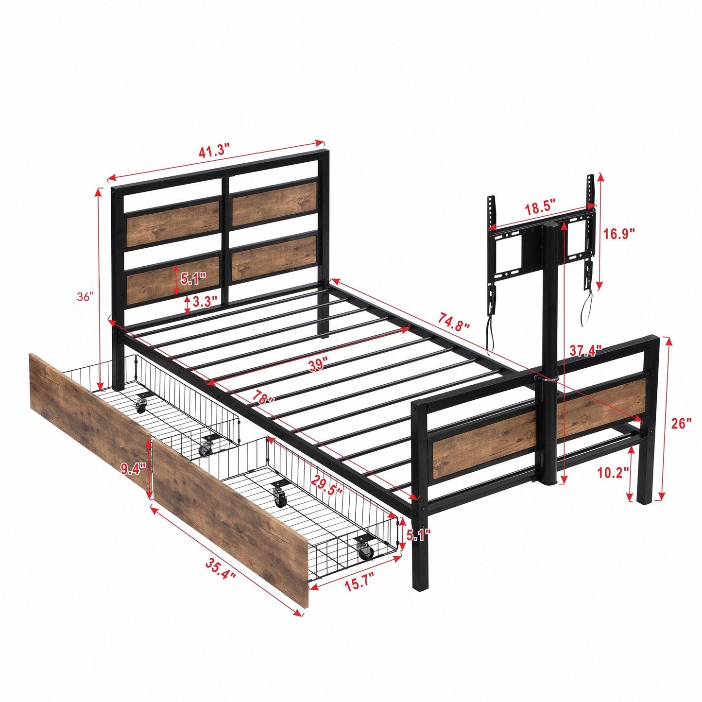 Twin Size Platform Bed With Headboard And Footboard, 2 Storage Drawers And Rotatable TV Stand - Black - The Sleep Loft - Online Mattress Showroom NYC