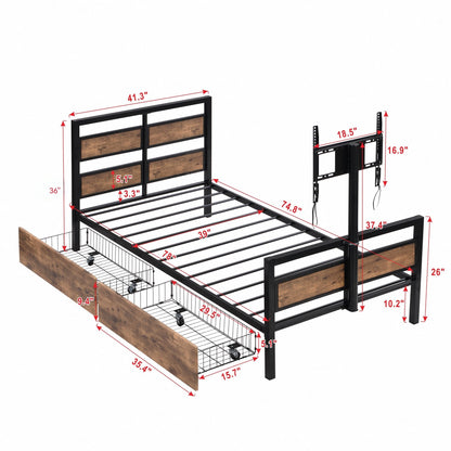 Twin Size Platform Bed With Headboard And Footboard, 2 Storage Drawers And Rotatable TV Stand - Black - The Sleep Loft - Online Mattress Showroom NYC