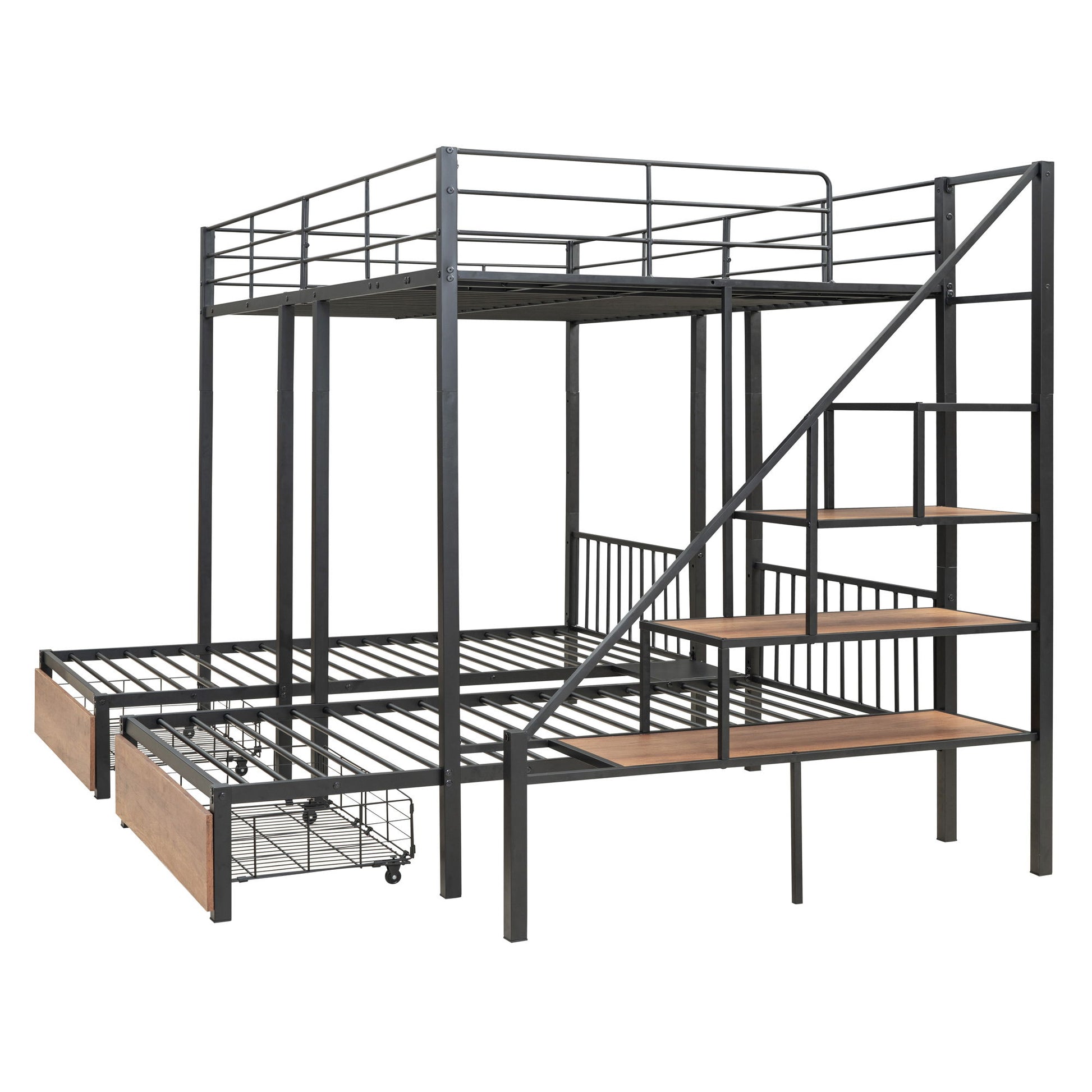 Full Over Twin-Twin Triple Bunk Bed With Drawers And Staircase - Black - The Sleep Loft - Online Mattress Showroom NYC