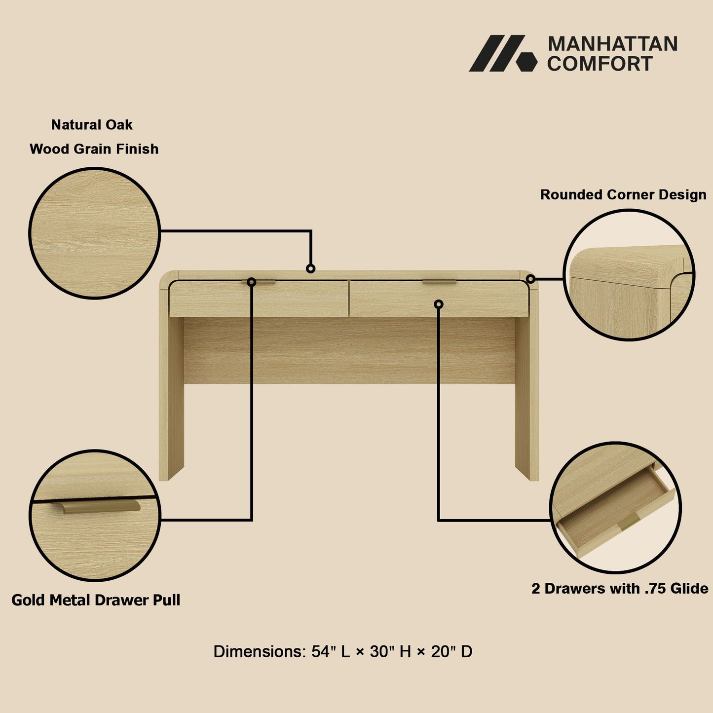 Grace - Office Desk With 2 Drawers - Oak - The Sleep Loft - Online Mattress Showroom NYC