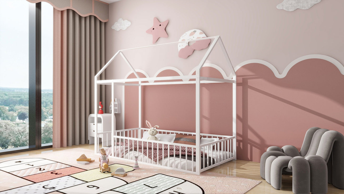 Metal Bed House Bed Frame With Fence - The Sleep Loft - Online Mattress Showroom NYC