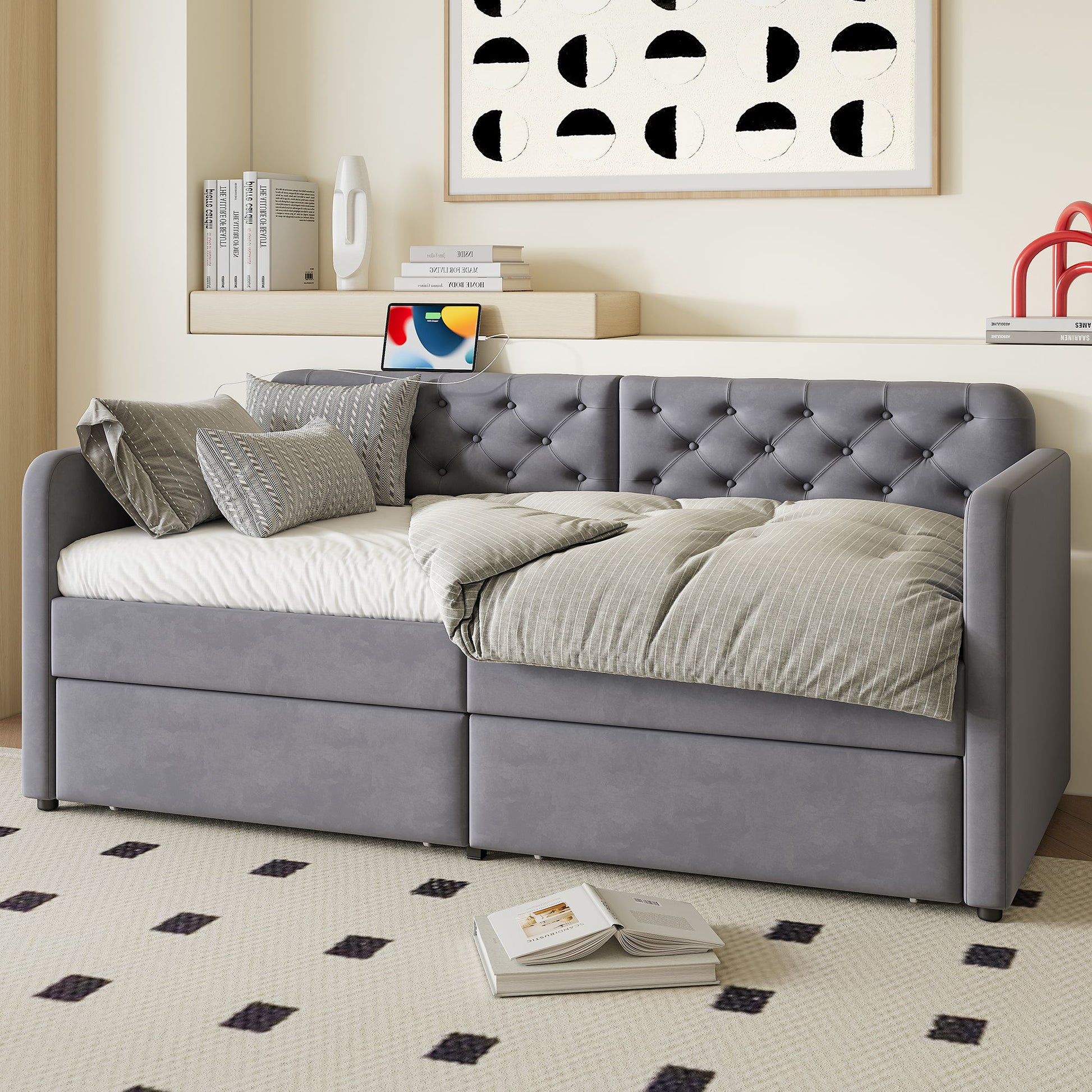 Twin Size Upholstered Daybed With 2 Storage Drawers And USB Charging Design - Gray - The Sleep Loft - Online Mattress Showroom NYC