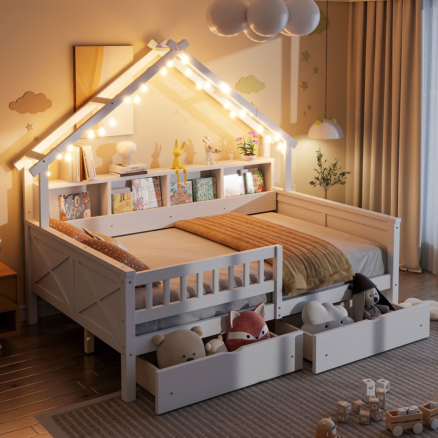 House Style Platform Bed With LED Lights, Storage Shelves, Drawers, And Guardrail - The Sleep Loft - Online Mattress Showroom NYC