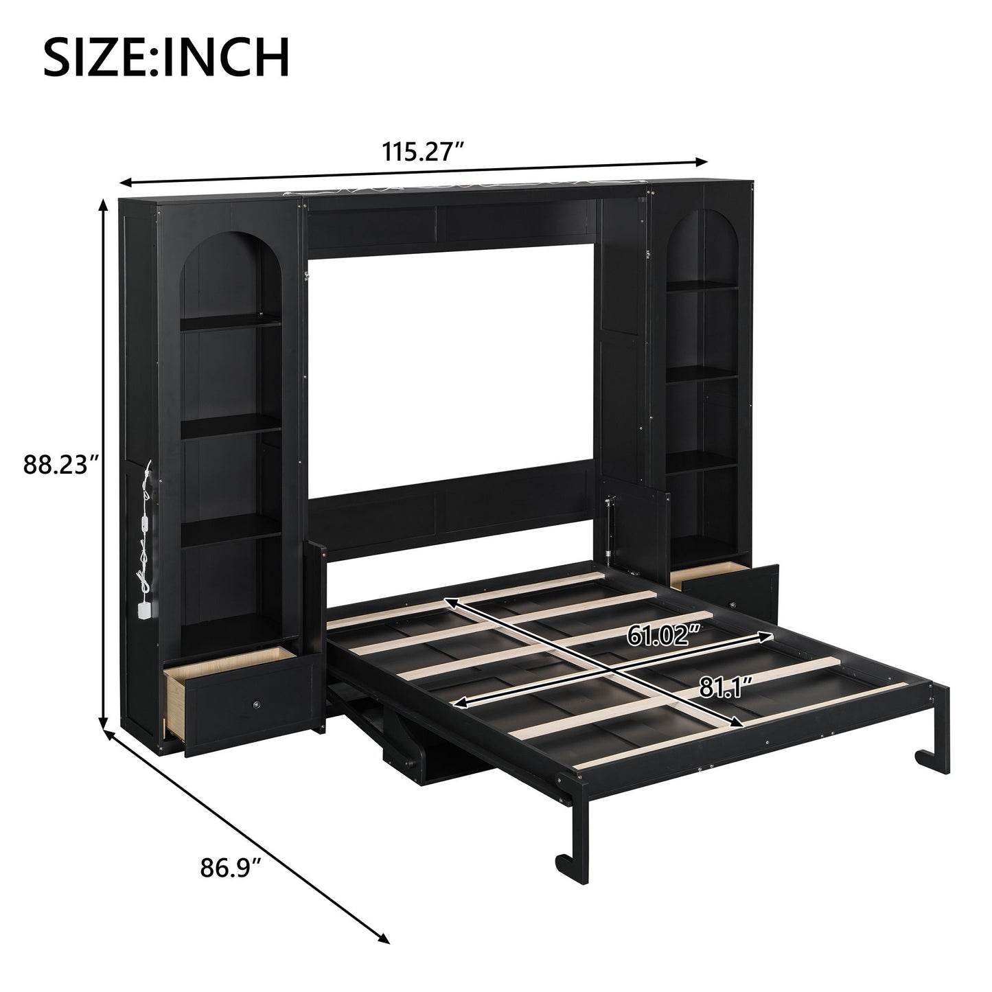 French Style Murphy Platform Bed With Shelf, Side Cabinets, Drawers And LED - The Sleep Loft - Online Mattress Showroom NYC