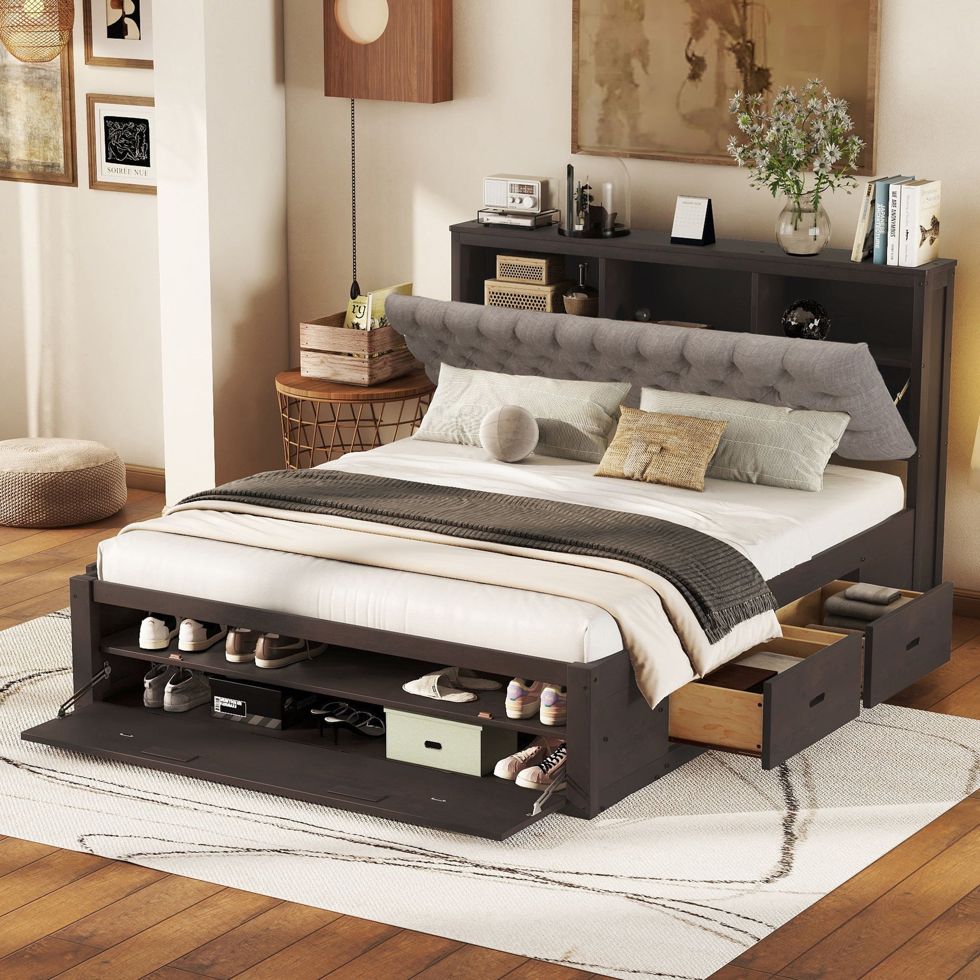 Platform Bed With Storage Headboard, Shoe Rack And 4 Drawers - The Sleep Loft - Online Mattress Showroom NYC