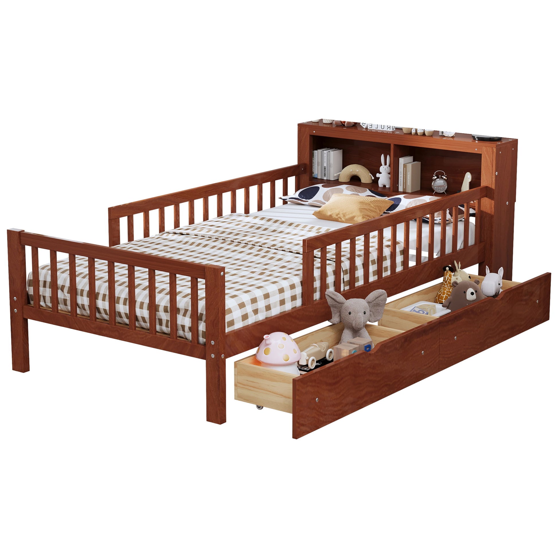 Bed With Headboard Storage Rack, 2 Under Bed Drawers, 3 Side Guardrails For Safety - The Sleep Loft - Online Mattress Showroom NYC