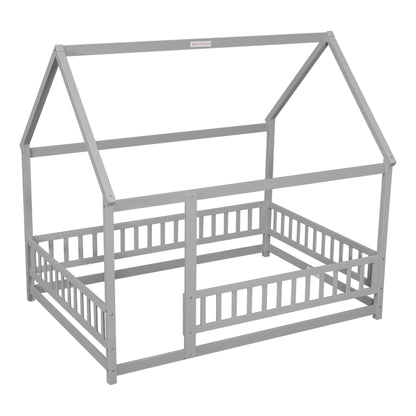 Floor Wooden Bed With House Roof Frame, Fence Guardrails - The Sleep Loft - Online Mattress Showroom NYC