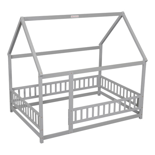 Floor Wooden Bed With House Roof Frame, Fence Guardrails - The Sleep Loft - Online Mattress Showroom NYC