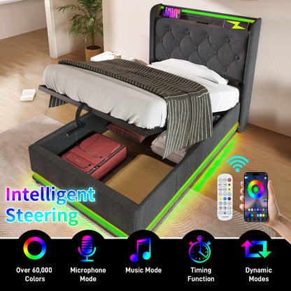 Upholstered Bed, 360 Surround LED Function, Remote Control, Hydraulic Storage Bed With USB, Type-C Charging (Without Mattress) - The Sleep Loft - Online Mattress Showroom NYC