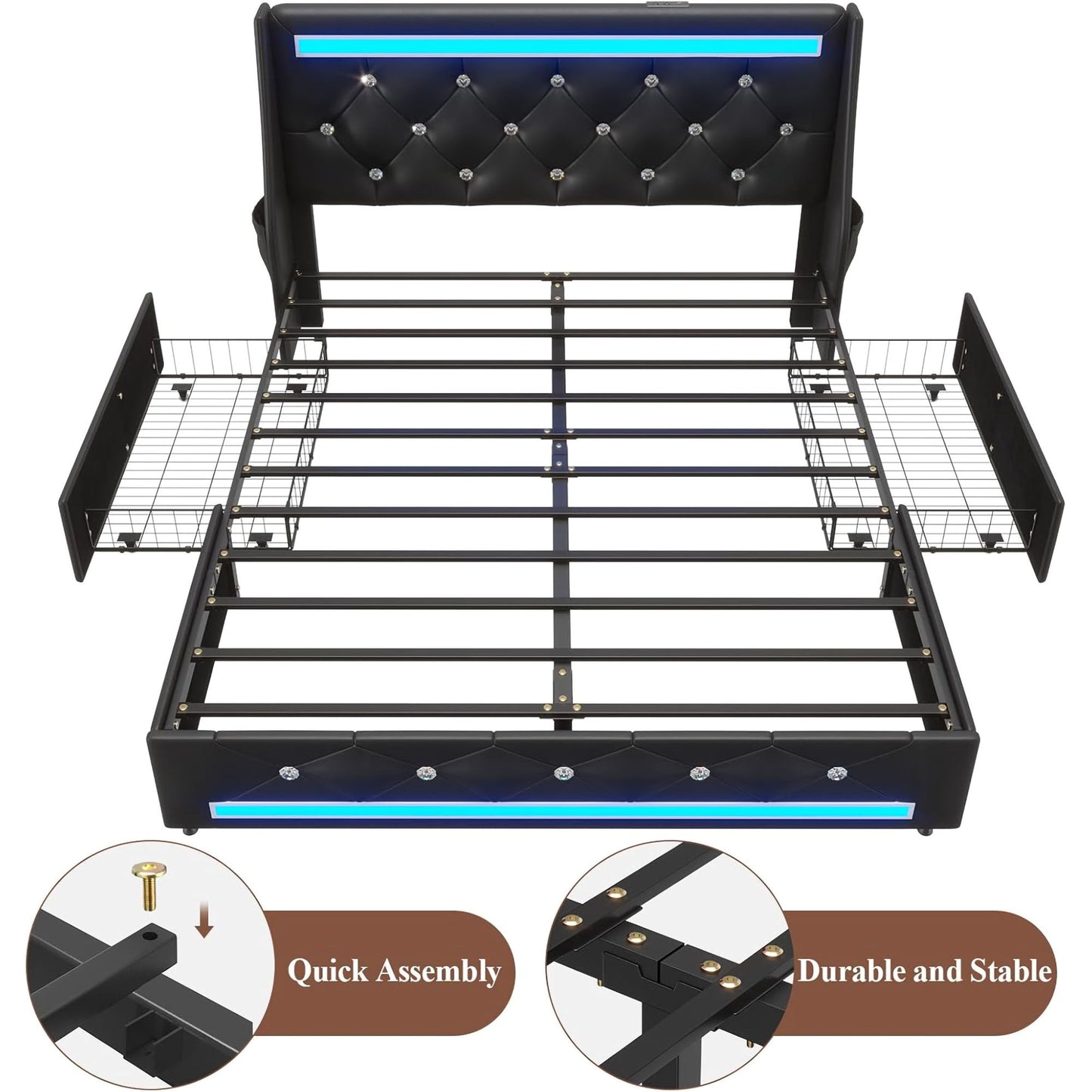 Wingback Upholstered Bed Frame With LED Lights, Charging Station - The Sleep Loft - Online Mattress Showroom NYC