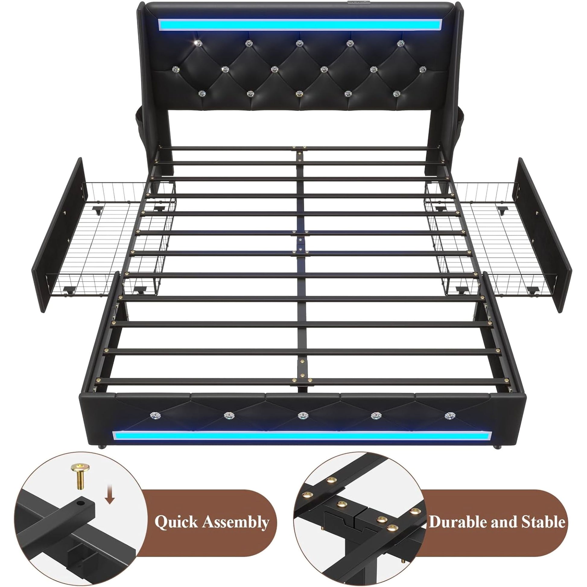 Wingback Upholstered Bed Frame With LED Lights, Charging Station - The Sleep Loft - Online Mattress Showroom NYC