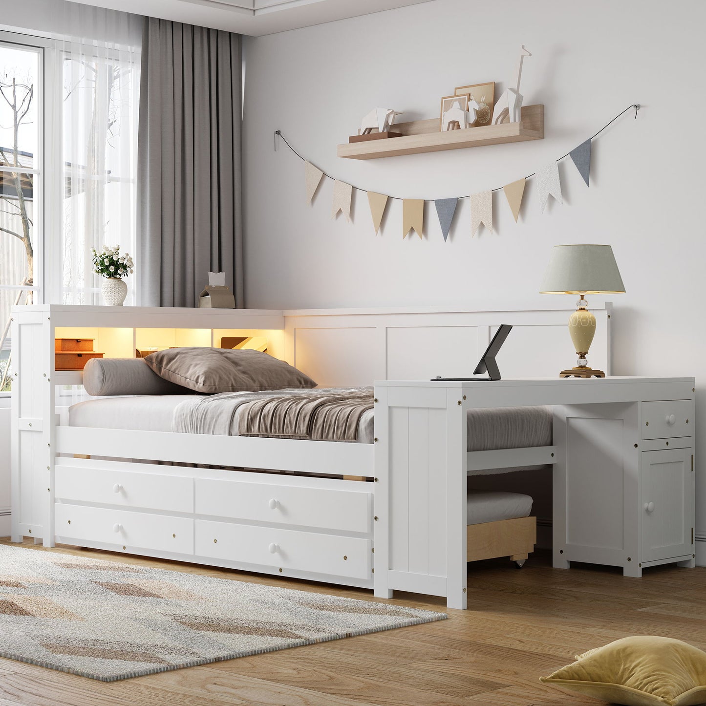 Daybed With Storage Shelves, Drawers, Trundle, Charging Station, LED Light, Desk And Cabinet - The Sleep Loft - Online Mattress Showroom NYC