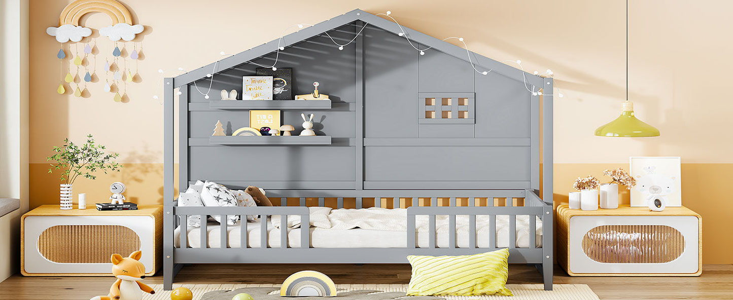 House Bed With Shelves, Window And Sparkling Light Strip On The Roof - The Sleep Loft - Online Mattress Showroom NYC