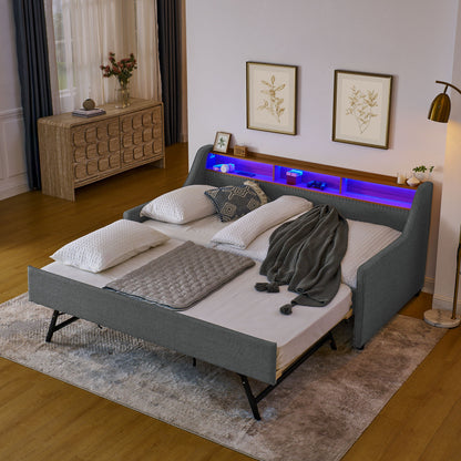 Upholstered Sofa Bed With LED Lights, Storage Headboard, Foldable Trundle & Wireless Charging - The Sleep Loft - Online Mattress Showroom NYC