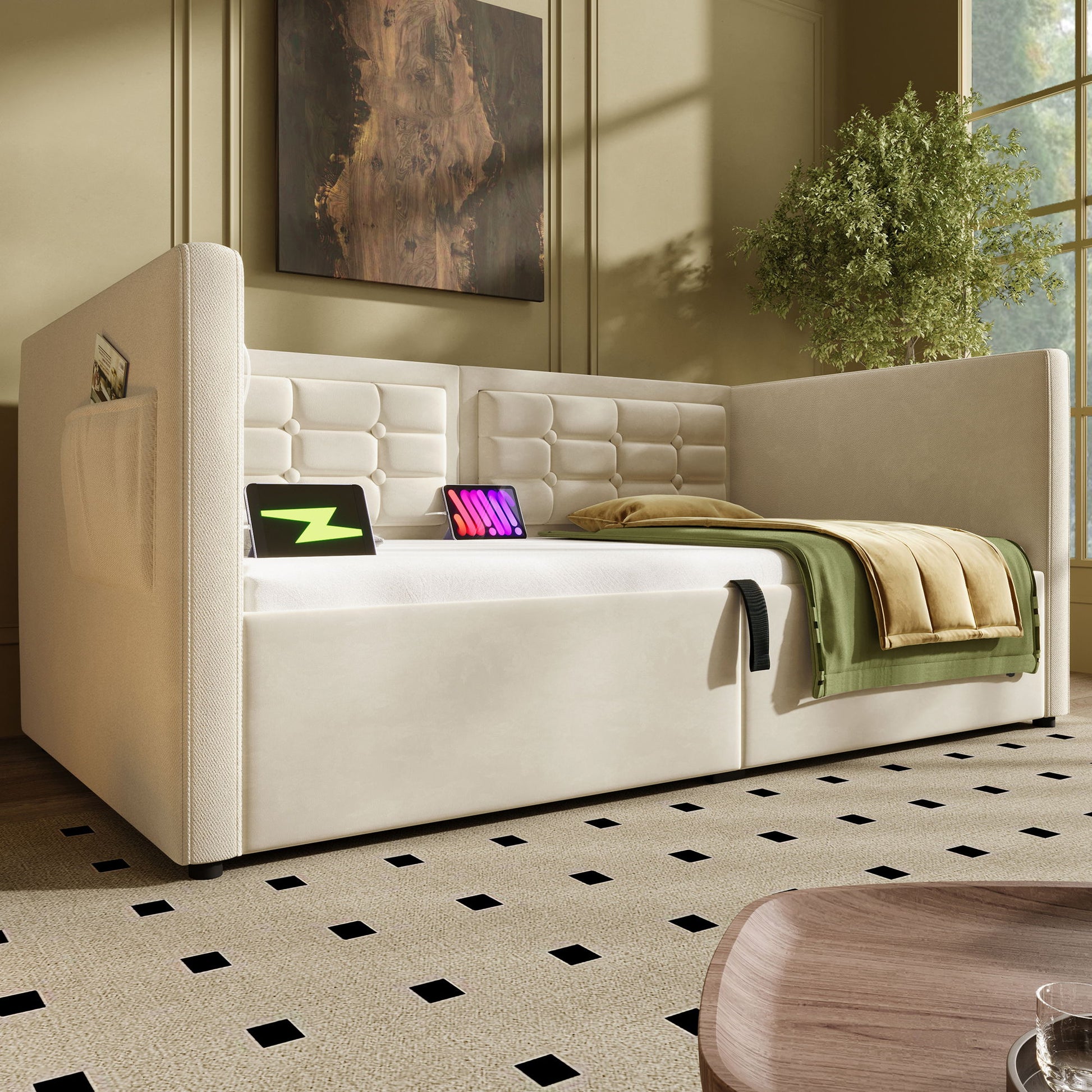 Upholstered Hydraulic Storage Daybed With USB & Type C Charging - The Sleep Loft - Online Mattress Showroom NYC