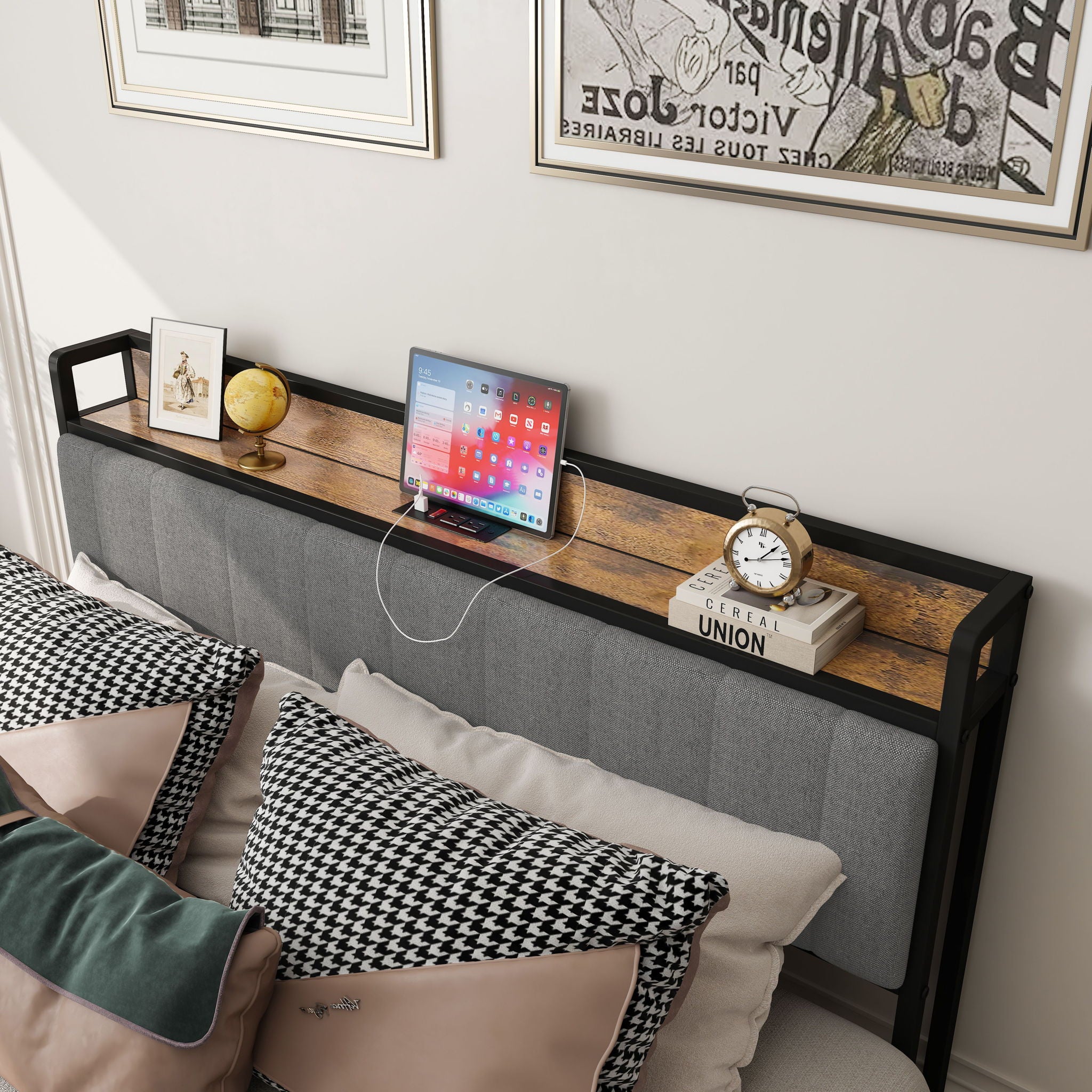 Bed With Charging Station, American Design Upholstered Headboard, Metal Platform - Thumbnail 3