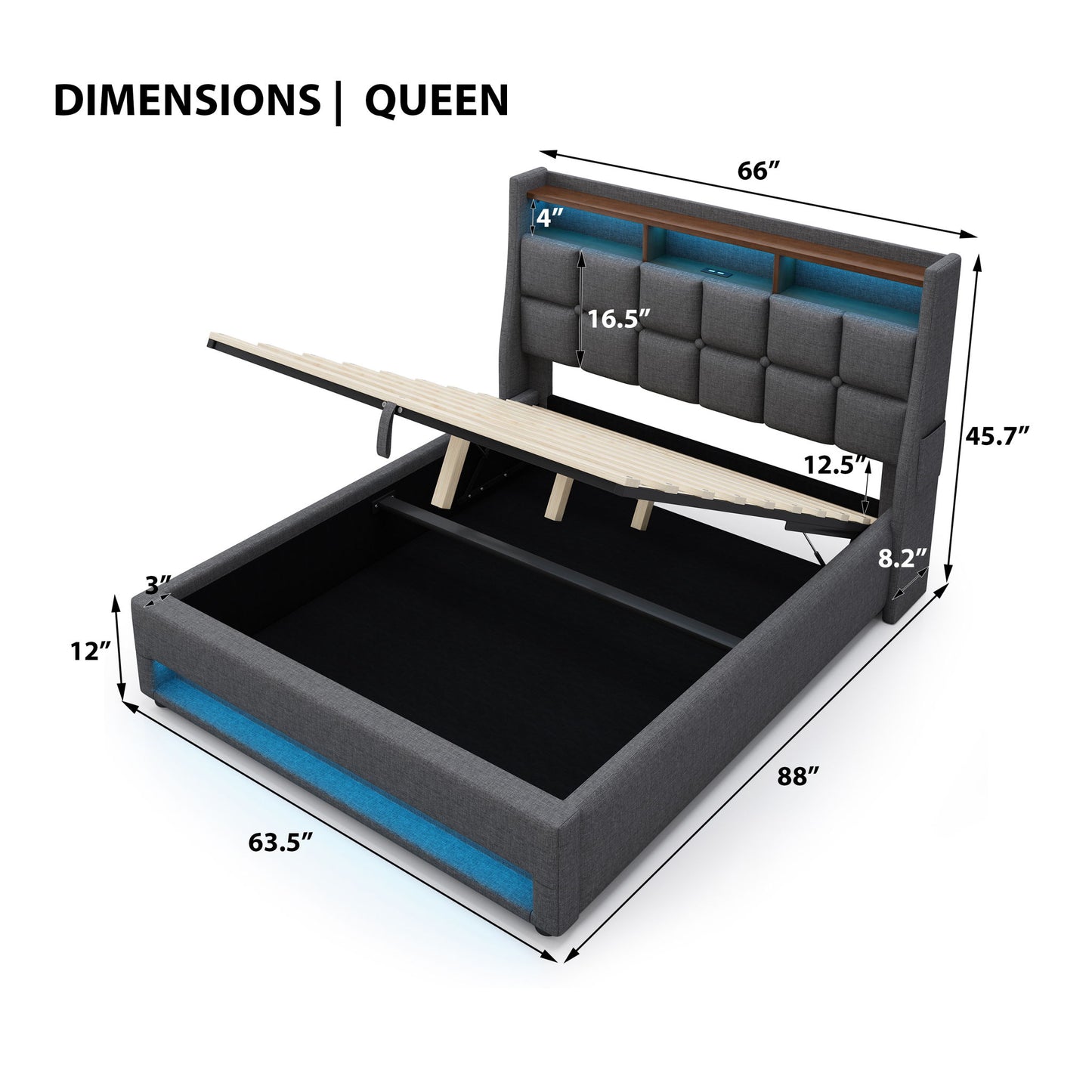 Upholstered Platform Bed With A Hydraulic Storage System, LED And USB Charging (Without Mattress) - The Sleep Loft - Online Mattress Showroom NYC