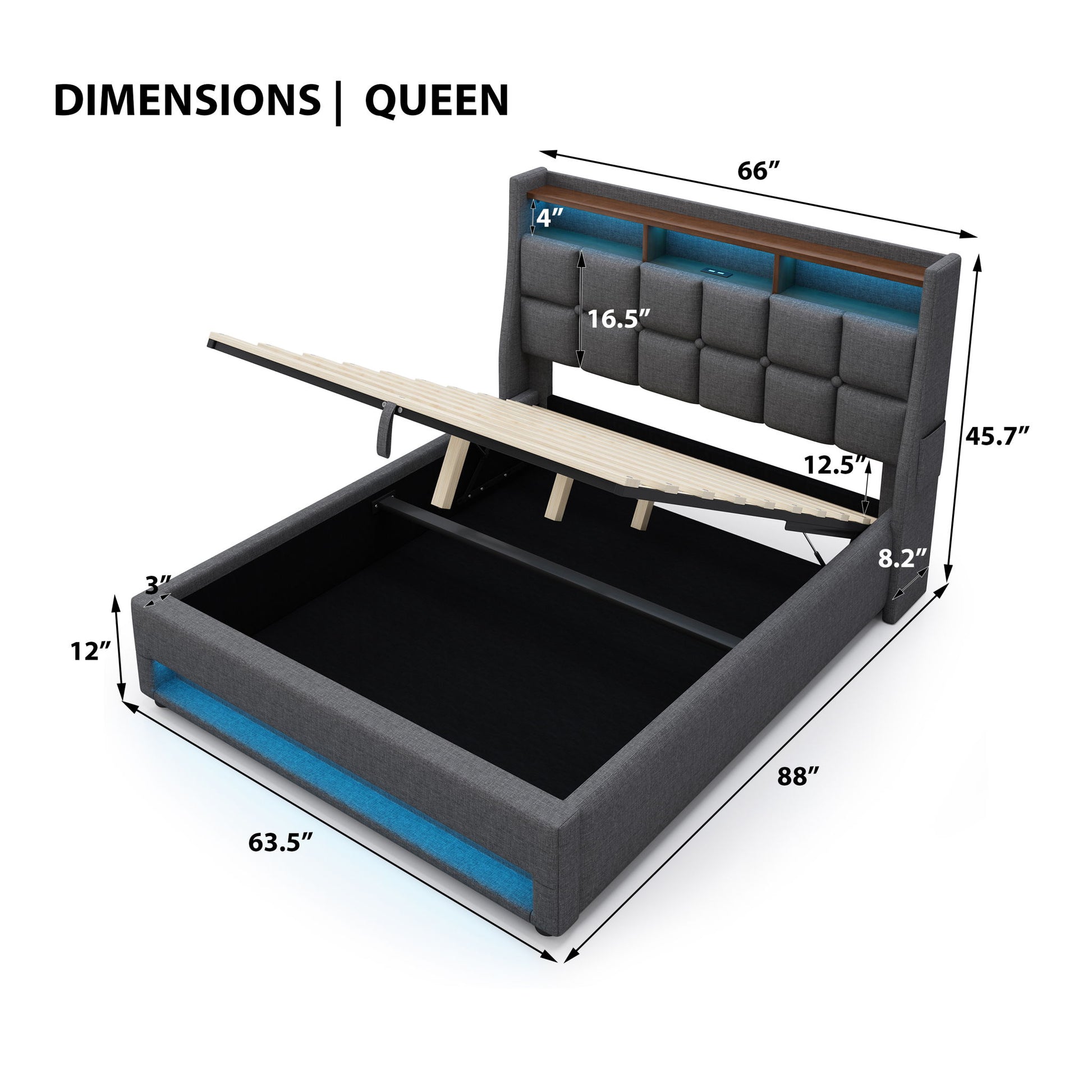 Upholstered Platform Bed With A Hydraulic Storage System, LED And USB Charging (Without Mattress) - The Sleep Loft - Online Mattress Showroom NYC