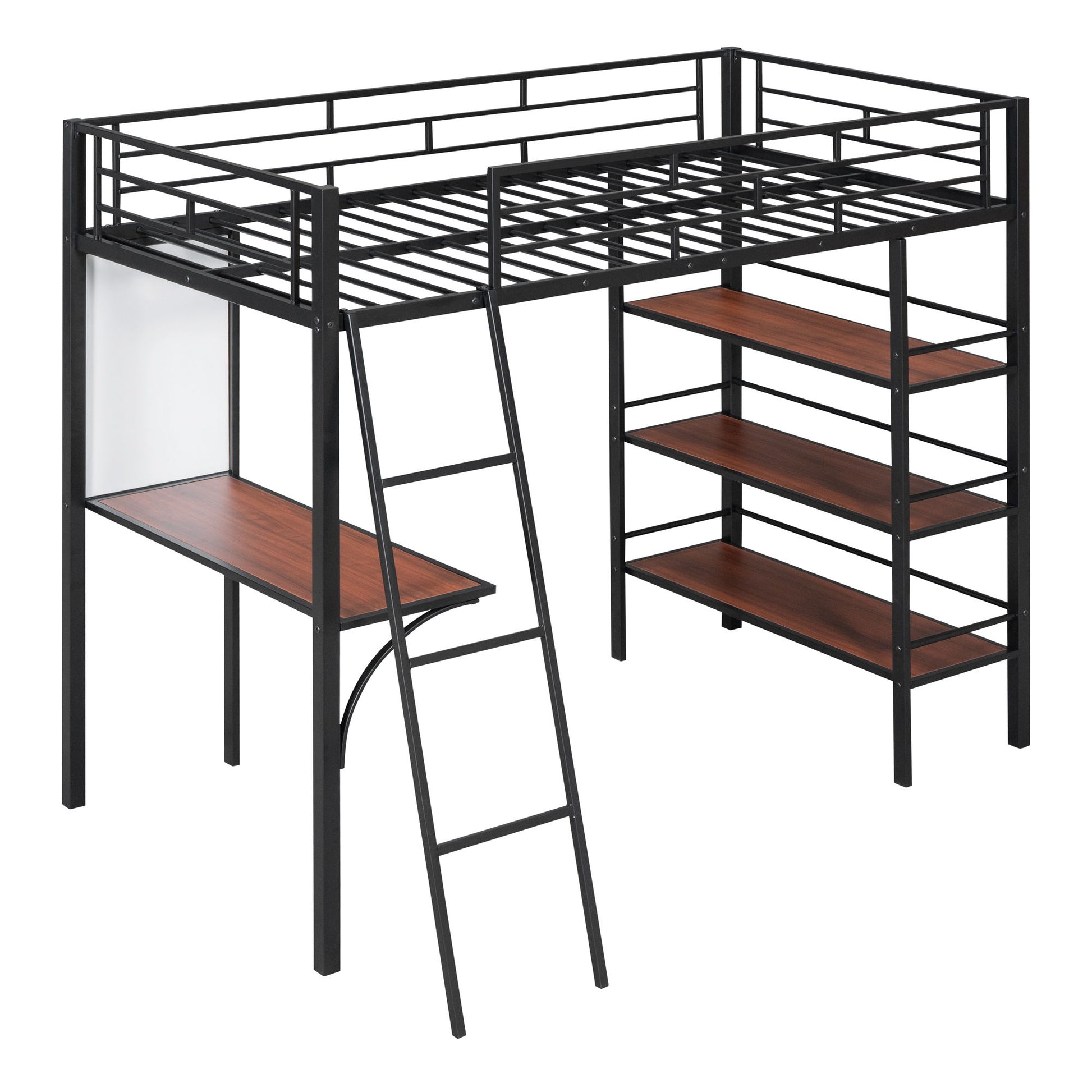 Loft Metal Bed With 3 Layers Of Shelves And Desk, Stylish Metal Frame Bed With board - The Sleep Loft - Online Mattress Showroom NYC