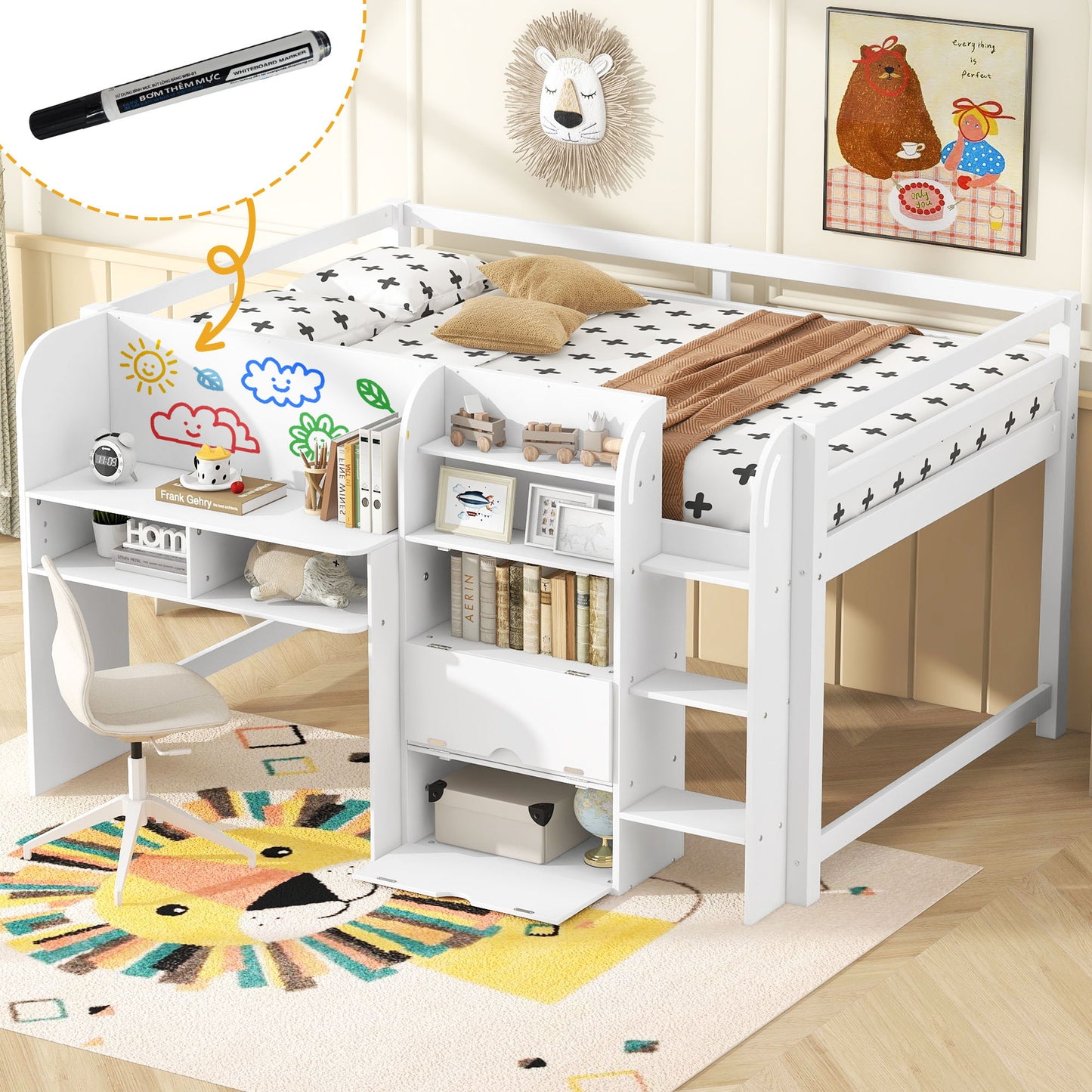 Low Loft Bed With Built In Desk, Storage Cabinets, Open Bookcase And Doodle board - The Sleep Loft - Online Mattress Showroom NYC