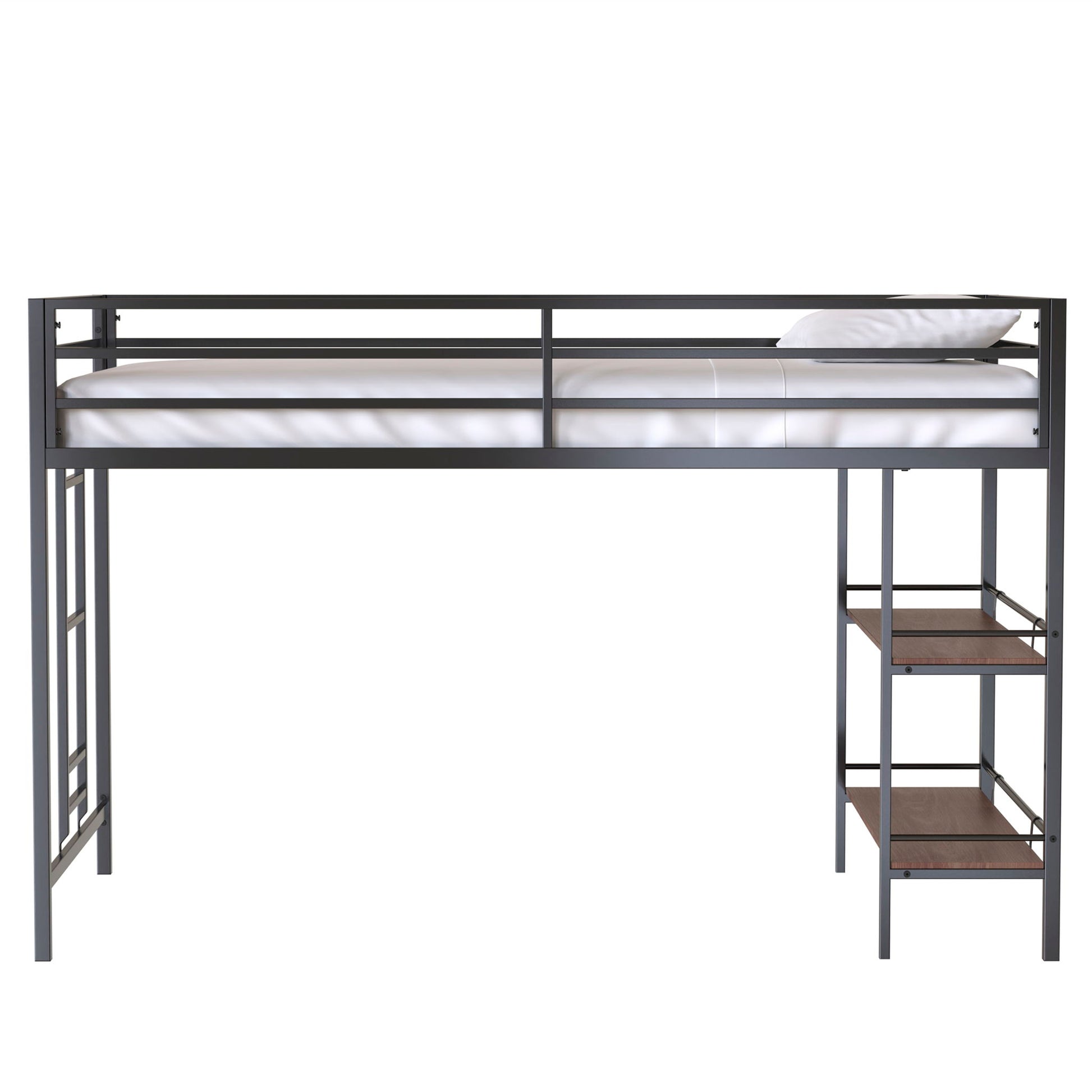 Adam - Twin Loft Bunk Bed With Cinnamon Wood Shelf - Black - The Sleep Loft - Online Mattress Showroom NYC