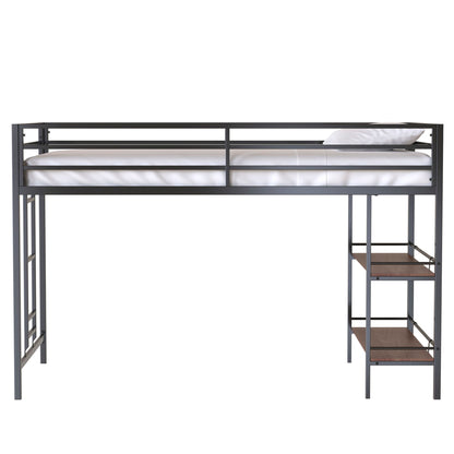 Adam - Twin Loft Bunk Bed With Cinnamon Wood Shelf - Black - The Sleep Loft - Online Mattress Showroom NYC